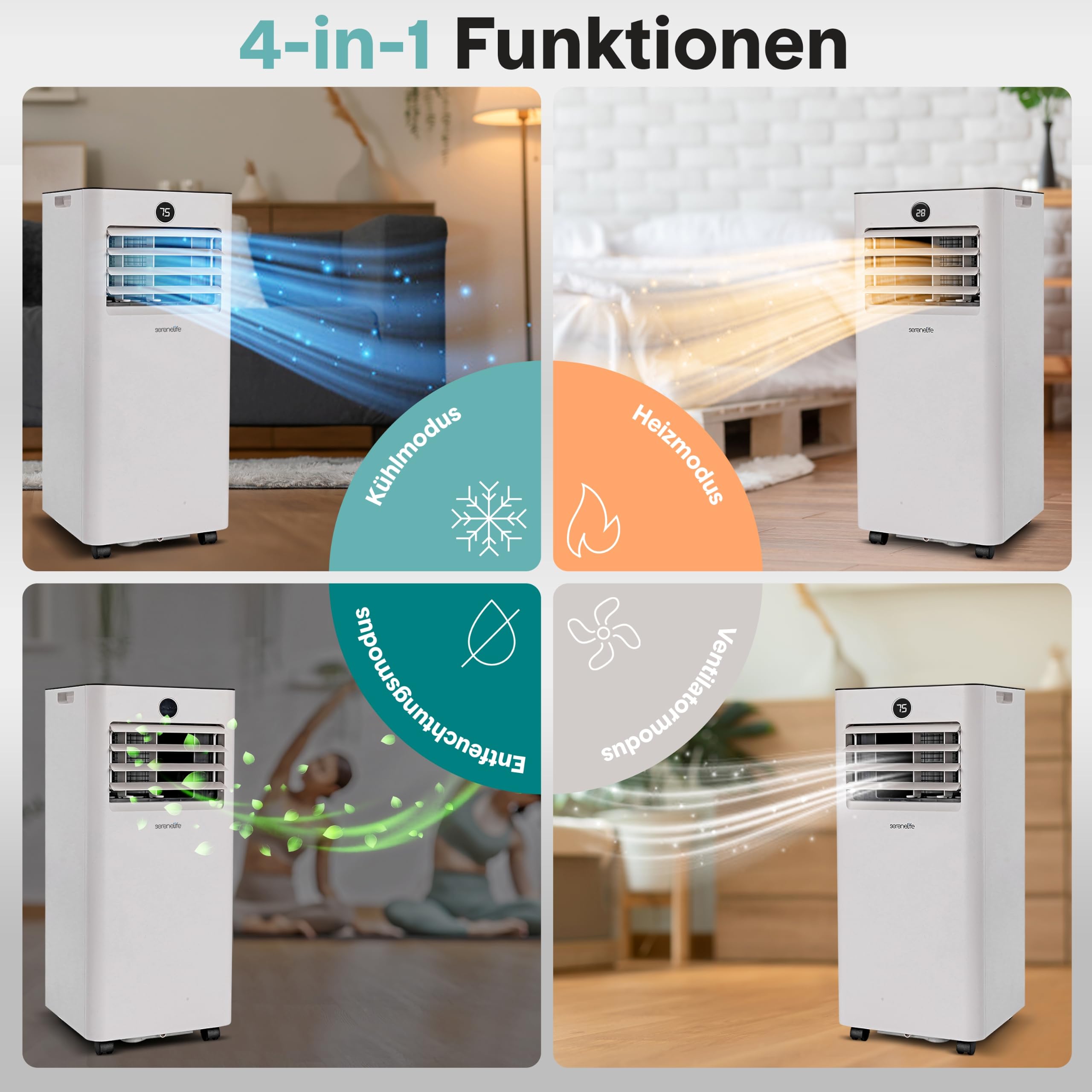 SereneLife Mobile Klimaanlage mit Abluftschlauch 9000 BTU, 4 in 1 Kühlen, Heizen, Entfeuchten und Ventilieren, Inkl. Fensterkit und Fernbedienung, bis 31 m², Perfekt für Heiße Sommertage