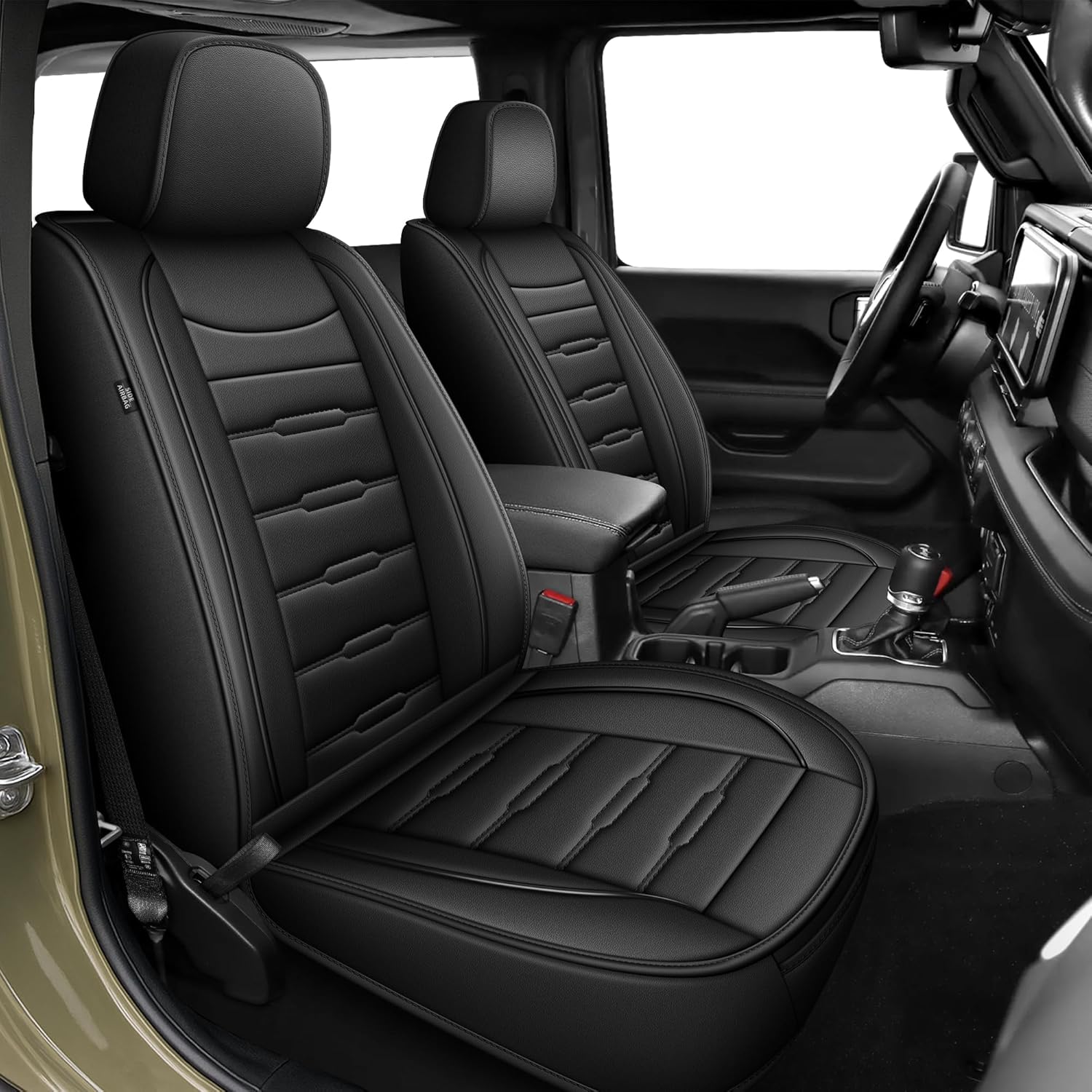 AOMSAZTO Fit for Jeep Wrangler JL 4-Door 2018 2019 2020 2021 2022 2023 2024 2025 2026 Car Seat Covers Full Set Waterproof Faux Leather Pickup Seat Cushions（5 Seats,Black）