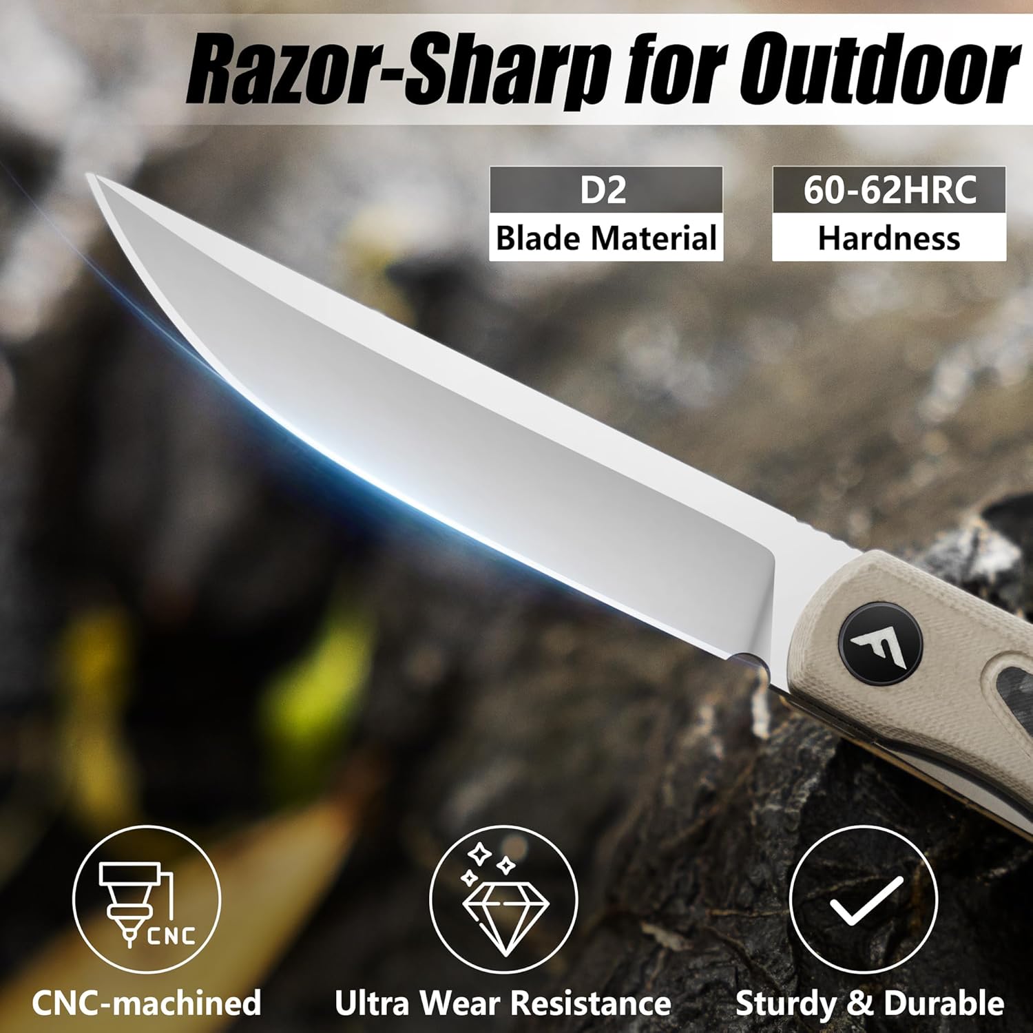 FLISSA Folding Pocket Knife, EDC Knife with D2 Blade,Carbon Fiber-G10 Handle, Deep Carry Pocket Clip and Thumb Stud, Innovative Front Flipper Quick Open Way for Camping Hiking Outdoor(Brown)