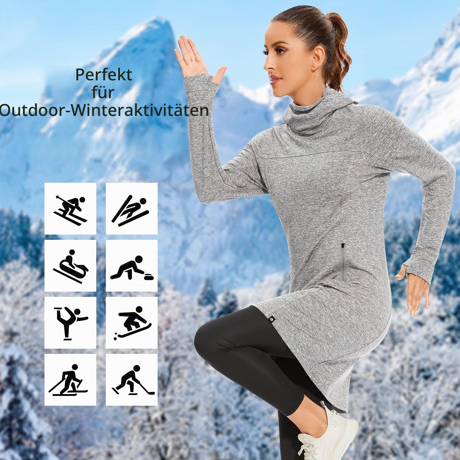 Soneven Damen Fleece Pullover Sweatshirt mit Taschen Rollkragen Langarm Winter Herbst Sweatkleid