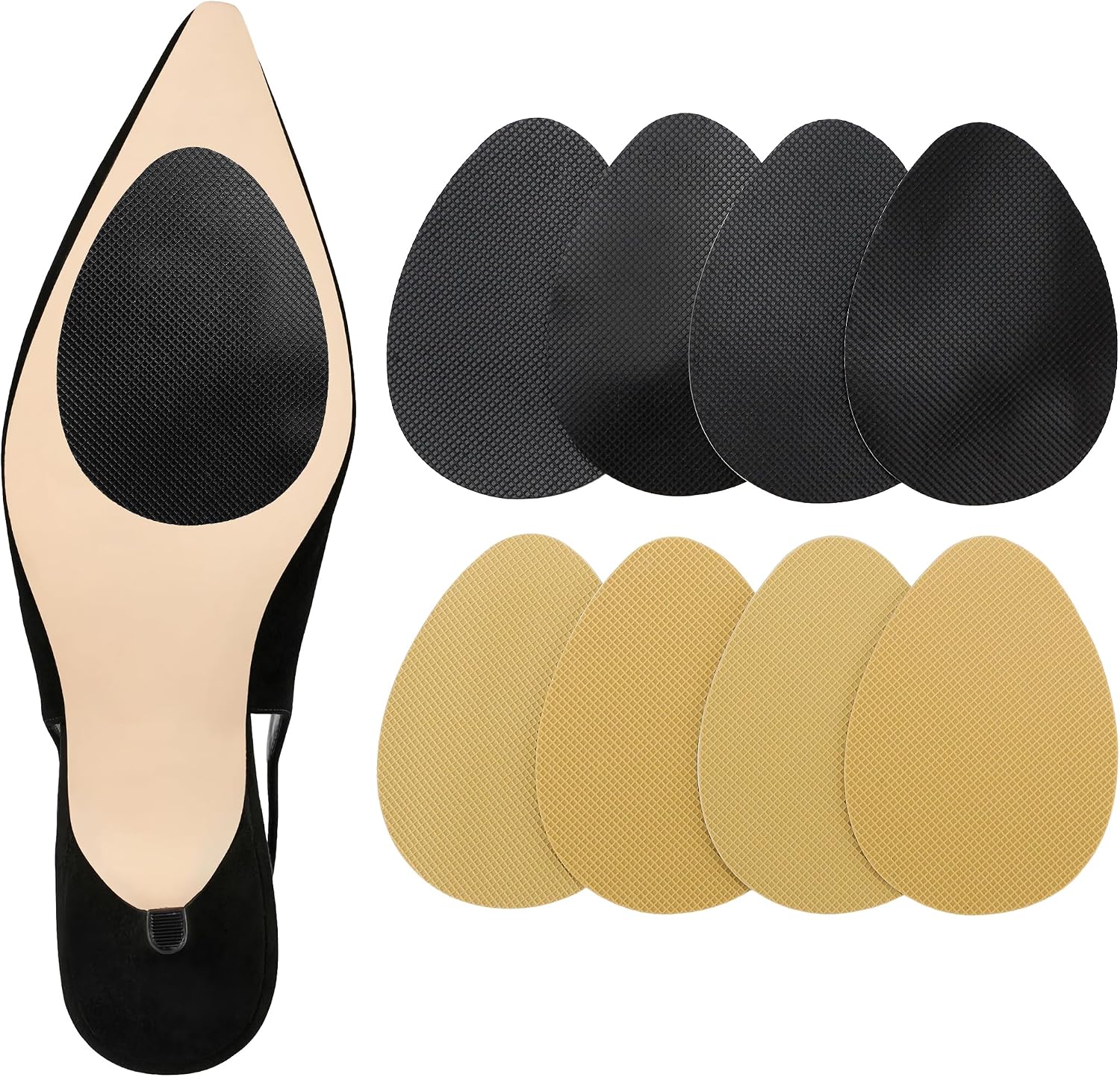 8PCS Non Skid Shoe Stickers, Heel Noise Stopper Pad Grip Sole Protector Self Adhesive Anti Slip Skid Tape Saver Pump Stiletto Odorless Reductor Fit Most (2 Pairs Black, 2 Pairs Beige, Silicone)