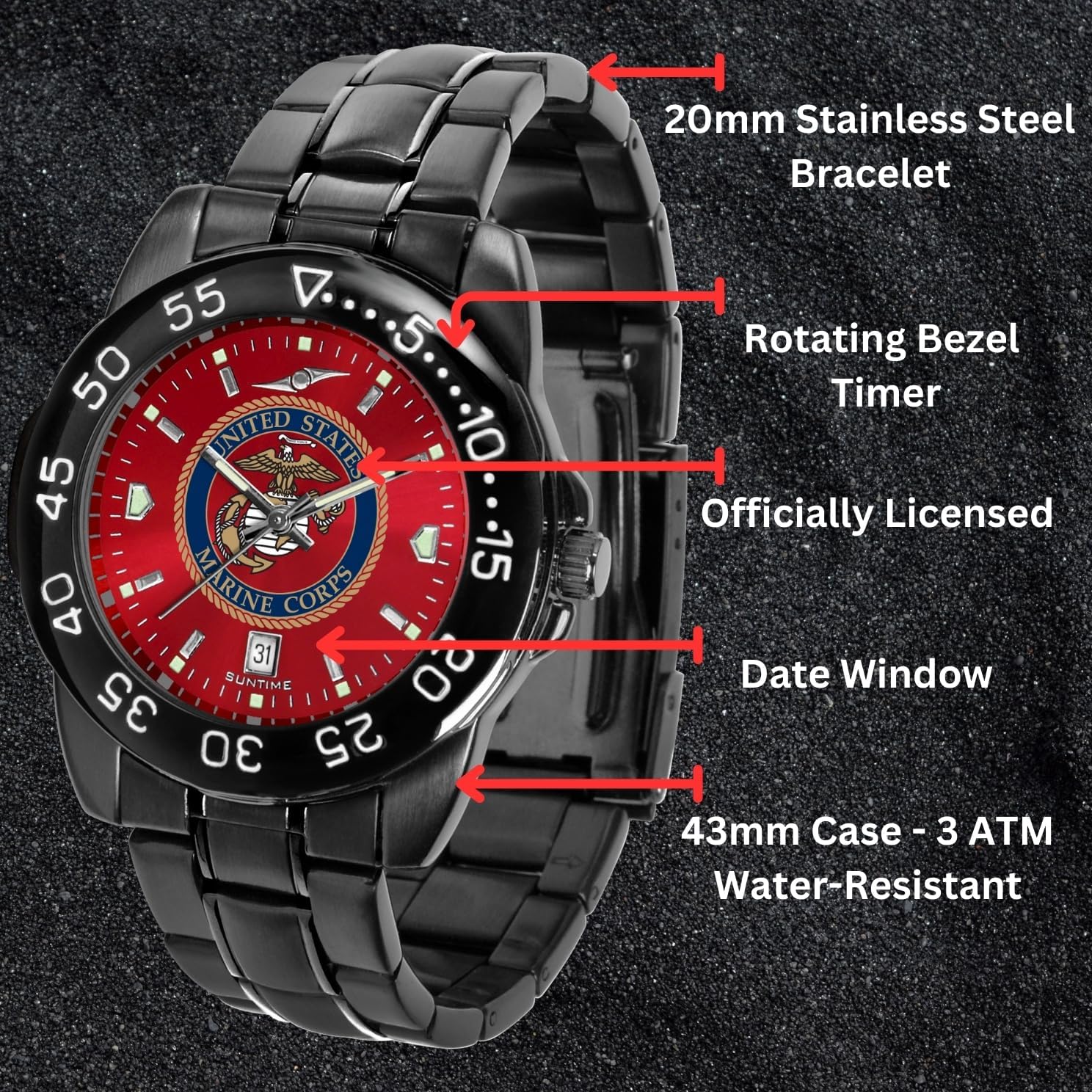 SunTime Men's U.S. Marines 43mm Watch - Fantom Sport AnoChrome - 20mm Black Stainless Steel Band