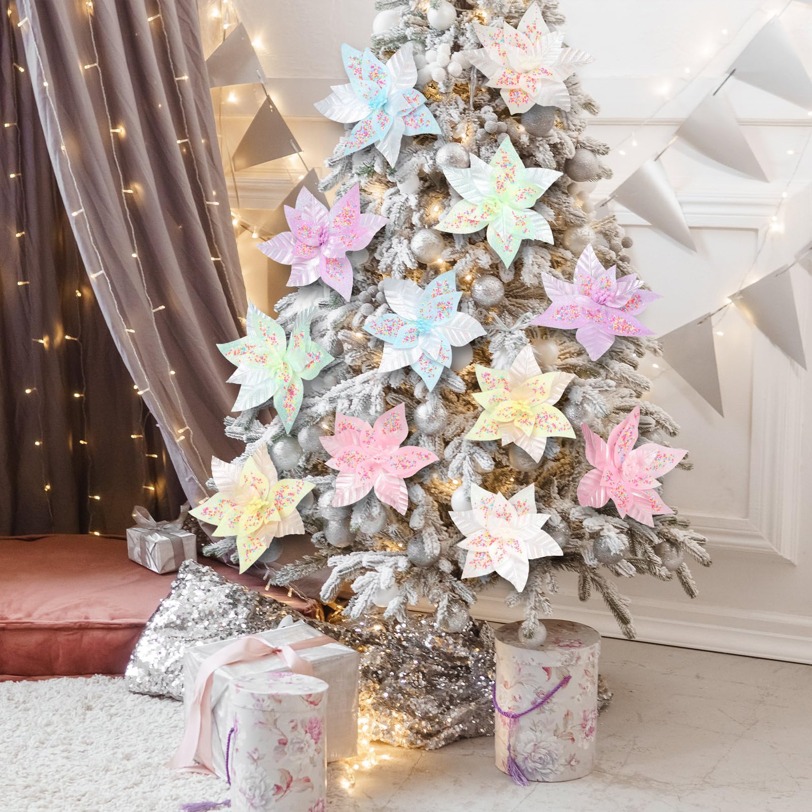 Soulchen Lot de 12 fleurs de poinsettia de Noël artificielles pastel avec tiges de 24 cm pour décoration de sapin de Noël, couronne de Noël, décoration de fête