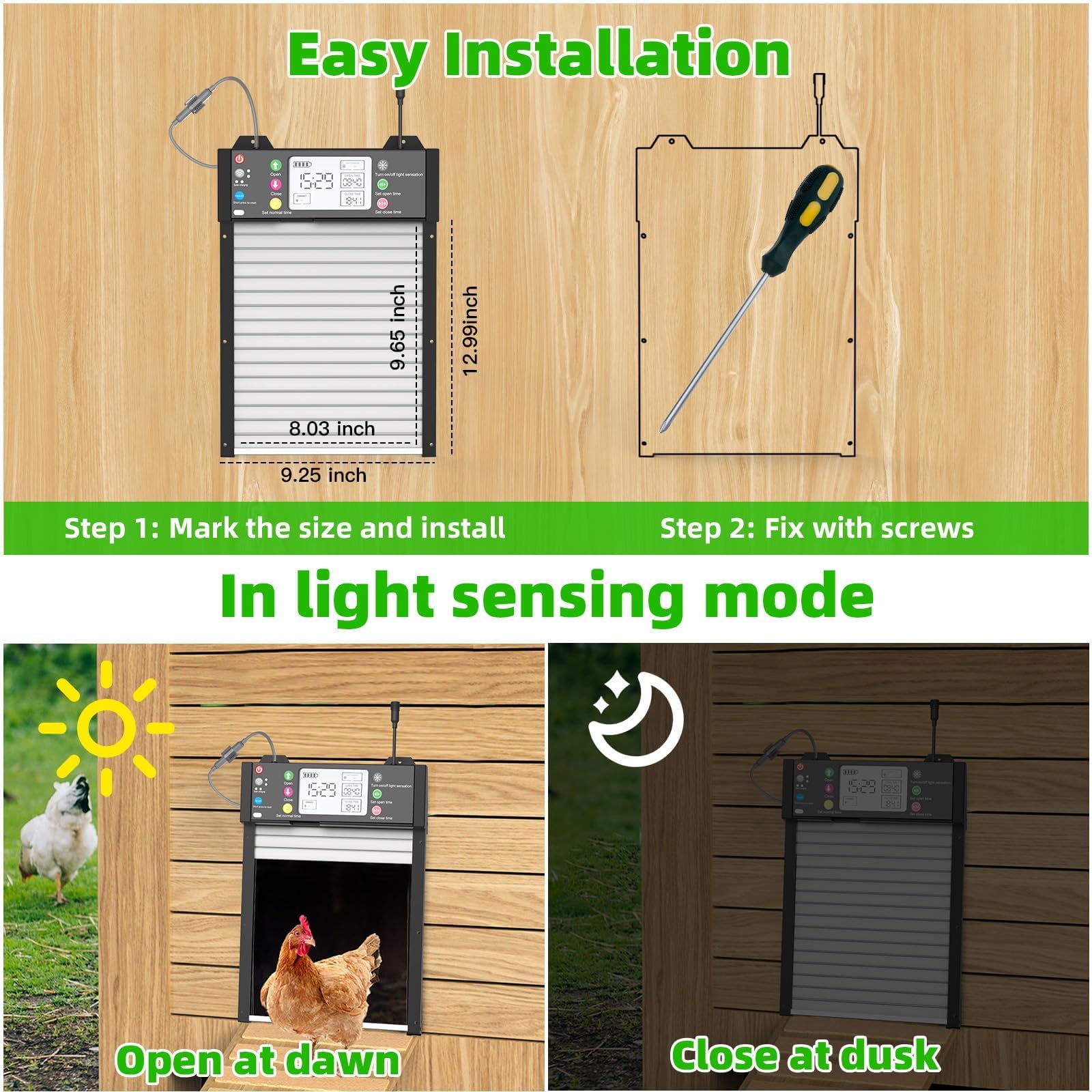 Shinmax Porta Automatica Solare Intelligente Per Pollaio Con App WiFi 2,4 GHz, Sensore Di Luce, Timer, Anti-Schiacciamento, Display LCD, Batteria Ricaricabile 4000mAh