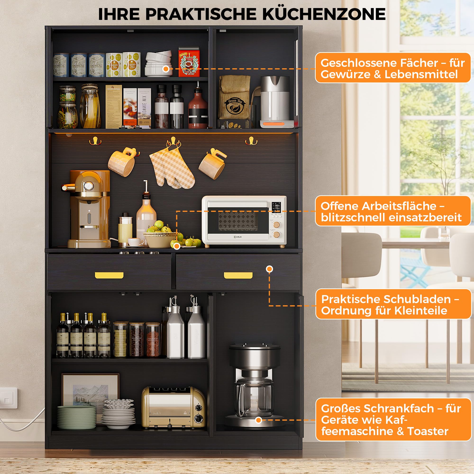 IRONCK Küchenschrank mit Arbeitsplatte, Küchenbuffet mit Steckdose, Schwarz