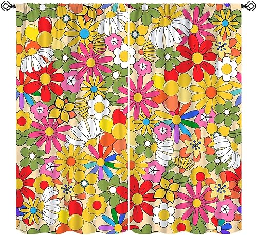 Miniatura 30 de Cortinas florales retro de los años 70, tratamiento de ventana abstracto geométrico hippie floral de mediados de siglo, cortinas con aislamiento