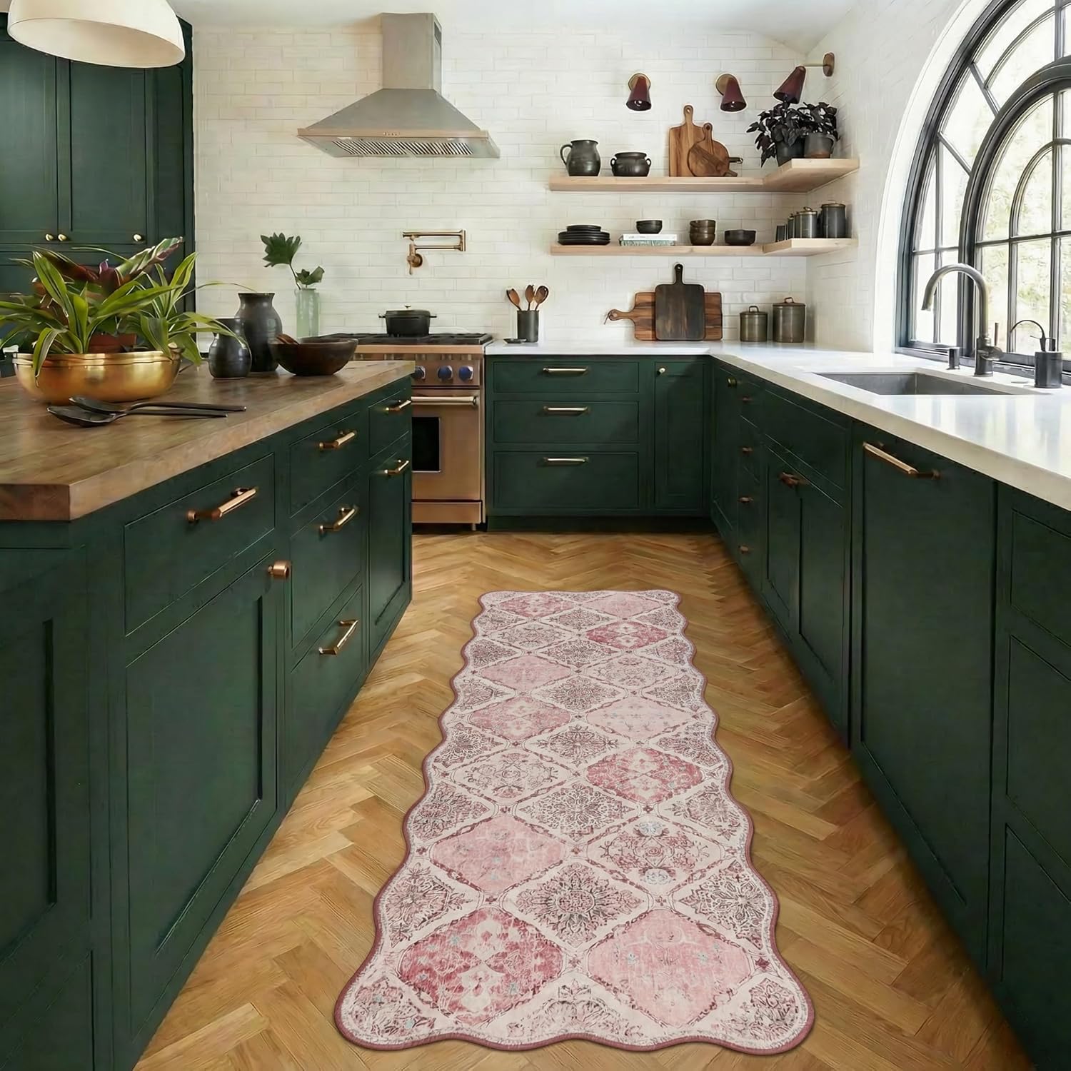 Moroccan 2x6 Runner Rug for Hallways, Unique Scalloped Ultra-Thin Soft Washable Rug, Non-Slip Stain Resistant Lightweight Low-Pile Carpet for Living Room Bedroom Dining Room Office (Pink)