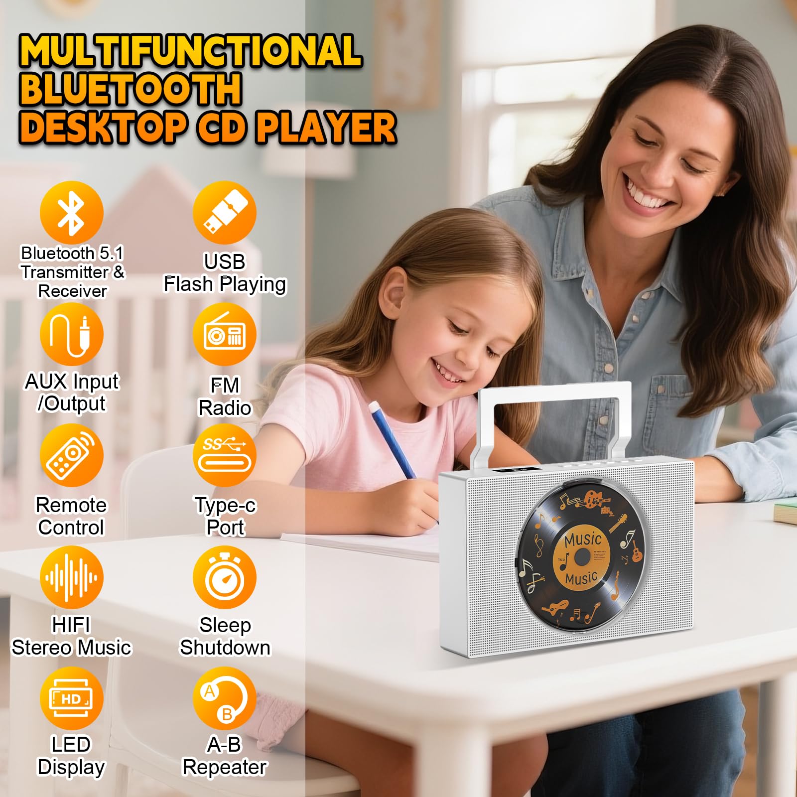Lecteur CD Bluetooth Radio FM avec Poignée Haut-parleurs Télécommande AUX 3,5 mm Prise Casque USB Type-C Lecteur MP3