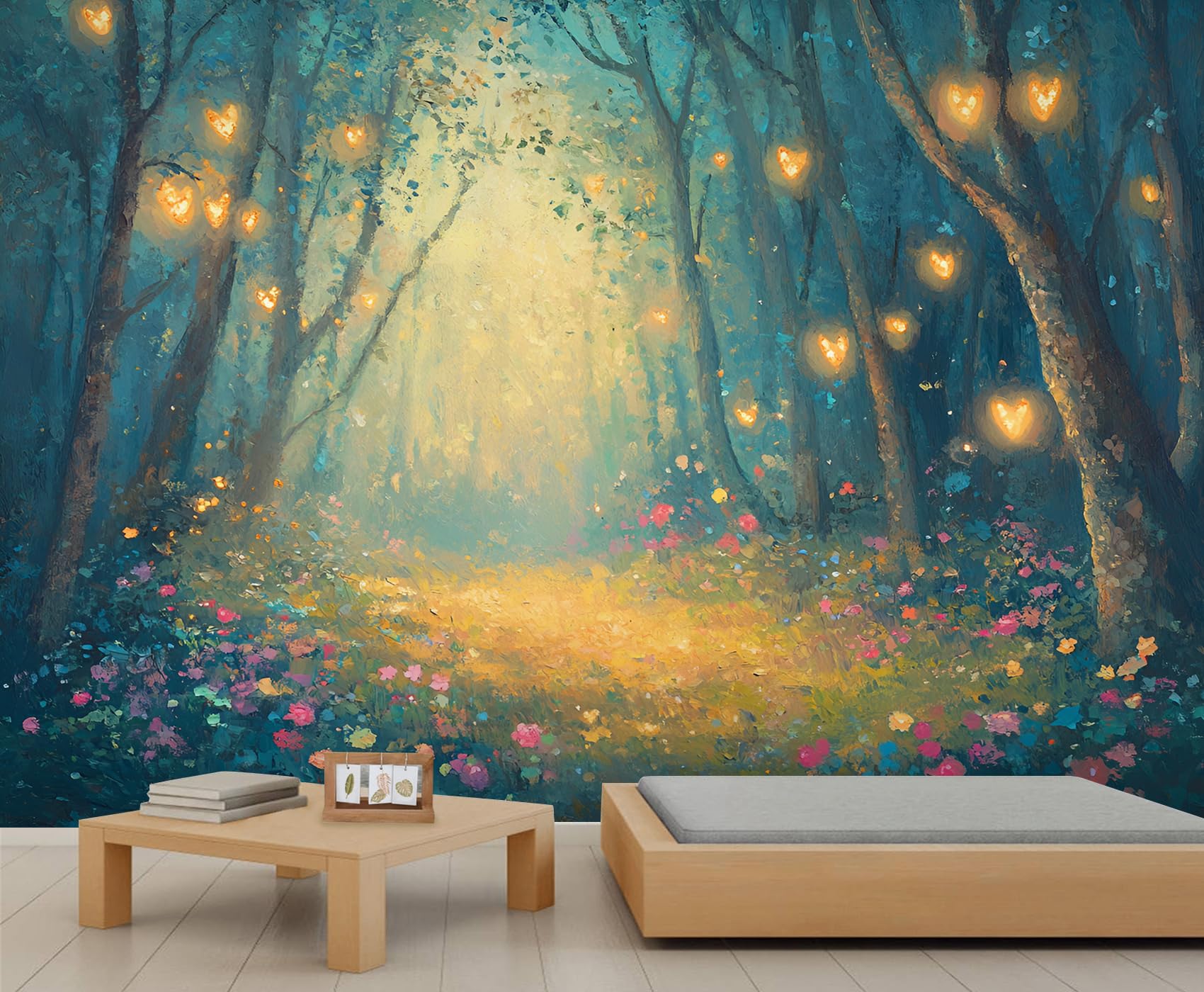 Enchanted Forest Mural Wallpaper Glowing Fireflies Wallpapers Floral Path Tree Woodland Boys Wallpaper for Kids Bedroom Living Room Mural Poster 280X200cm