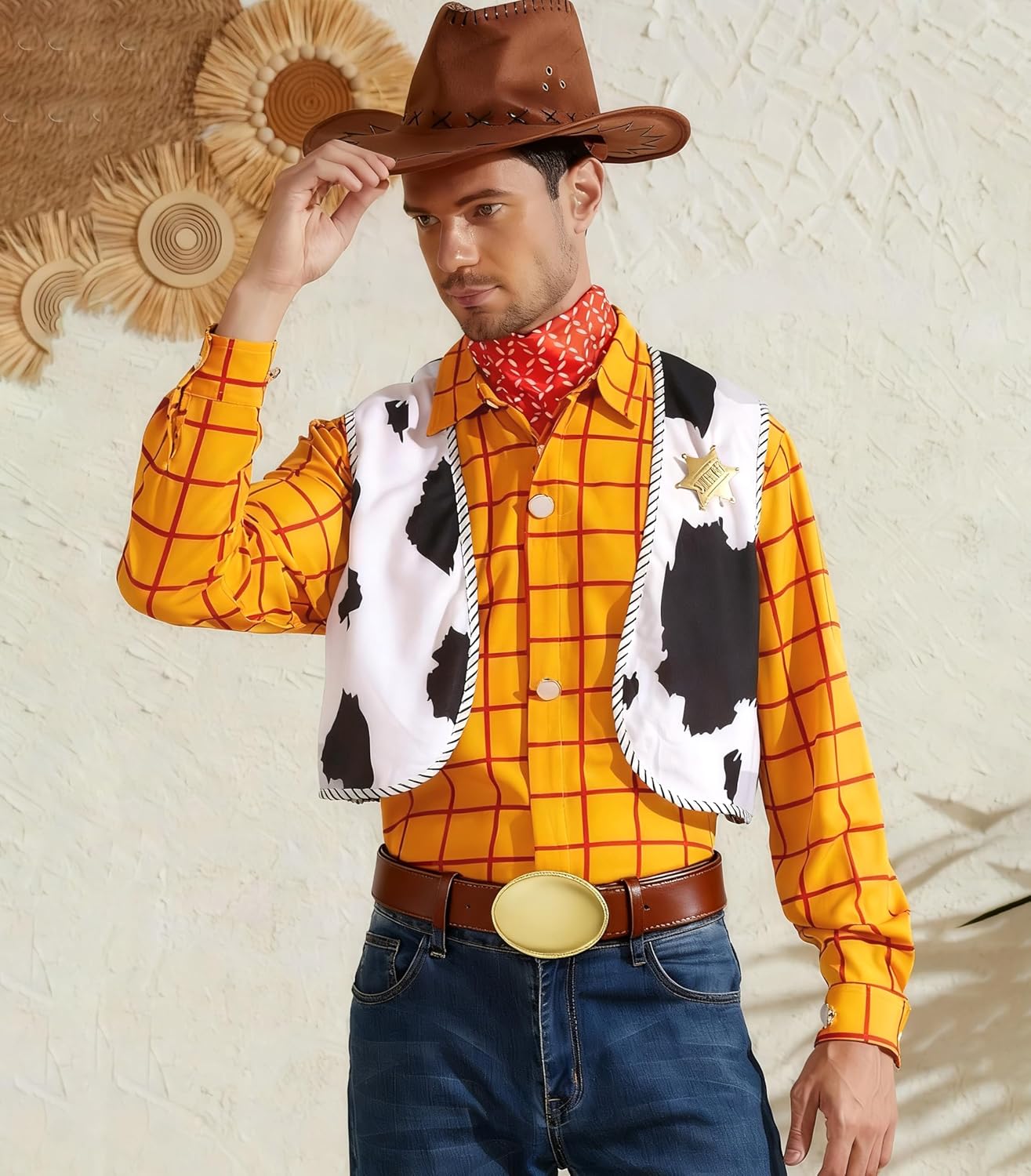 Mens Western Cowboy Sheriff Costume Button Down Adults Fancy Striped Shirt Kit (Yellow, L)