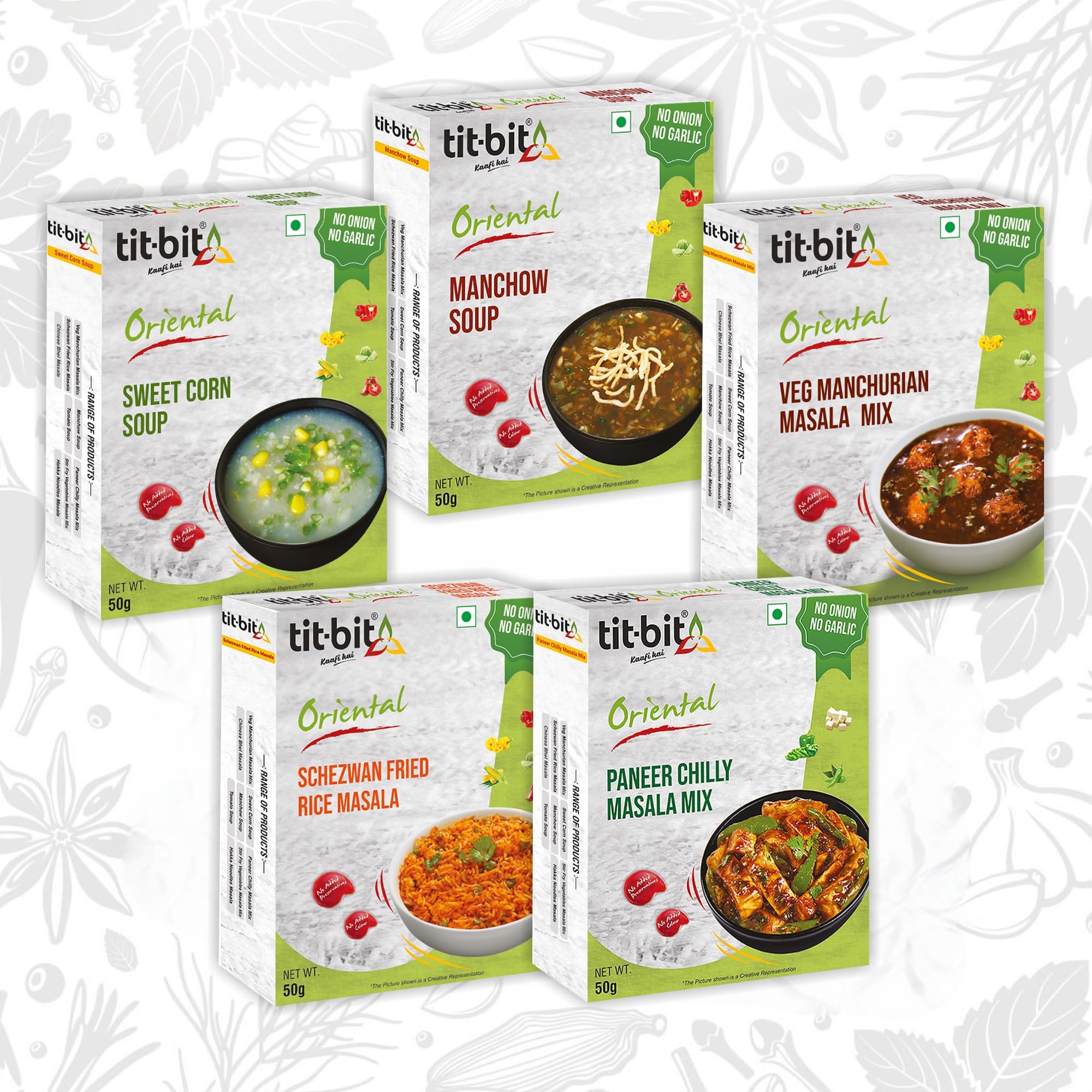 Tit-Bit Oriental- No Onion No Garlic, Sweet Corn Soup, Manchow Soup, Veg Manchurian Masala, Schezwan Fried Rice Masala, Paneer Chilly Masala, Pack of 5-[50 gms each-Total 250 gms] (B09YD5PZDD) Amazon Price History, Amazon Price Tracker