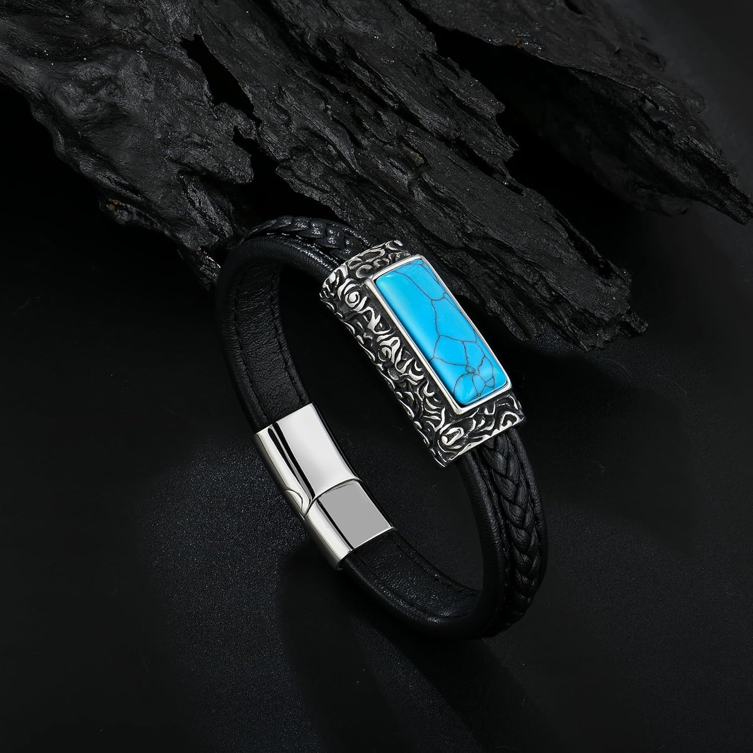 Men's Leather Vintage Turquoise & Tiger Eye Bracelet Stainless Steel Biker Jewelry for Him - Image 4