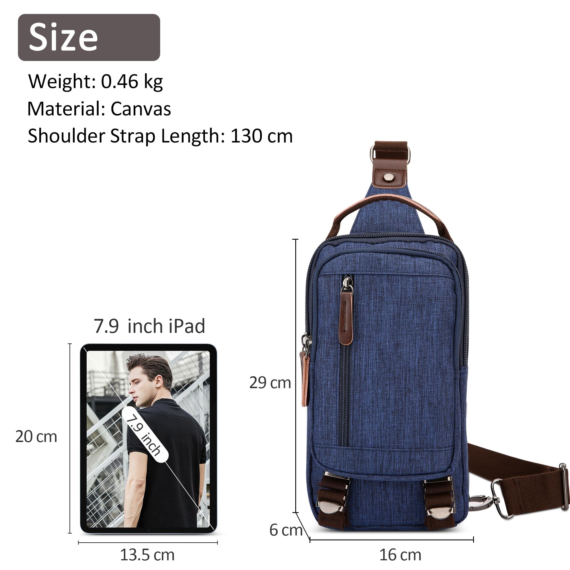 Leggero Uomo Borsa sul Petto Moda Casuale Zaino Monospalla per 7.9 Pollici iPad con Manico Sling Bag per Viaggio Quotidiano Shopping Uomo Tela Borsa a Tracolla Blu