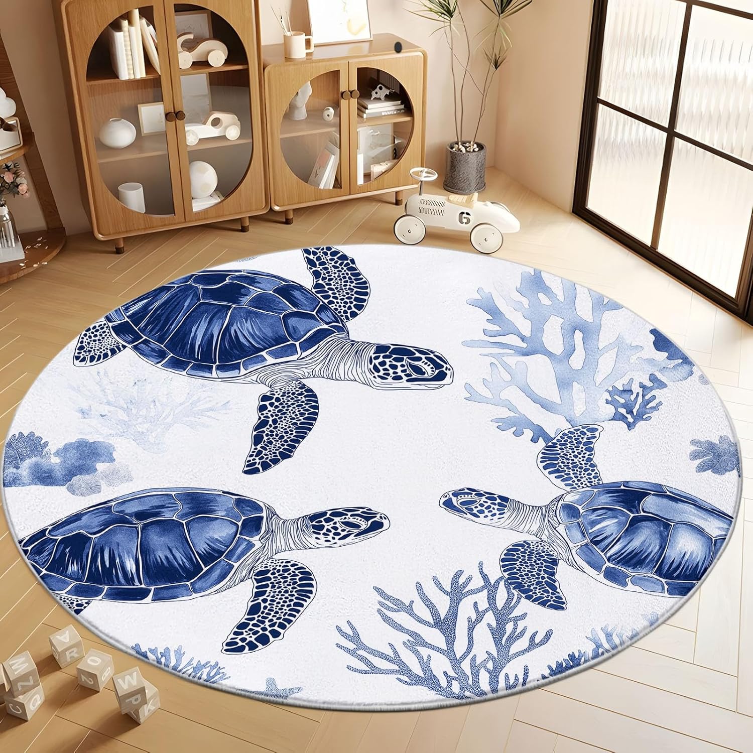 Non-Slip Round Area Rug 2' x 2', Watercolor Hand Painted Turtle Corals Washable Rug Runner - Cartoon Turtle Soft Low Pile Circle Carpet 2 ft for Kitchen Entryway Laundry Living Room Dining Room Carpet