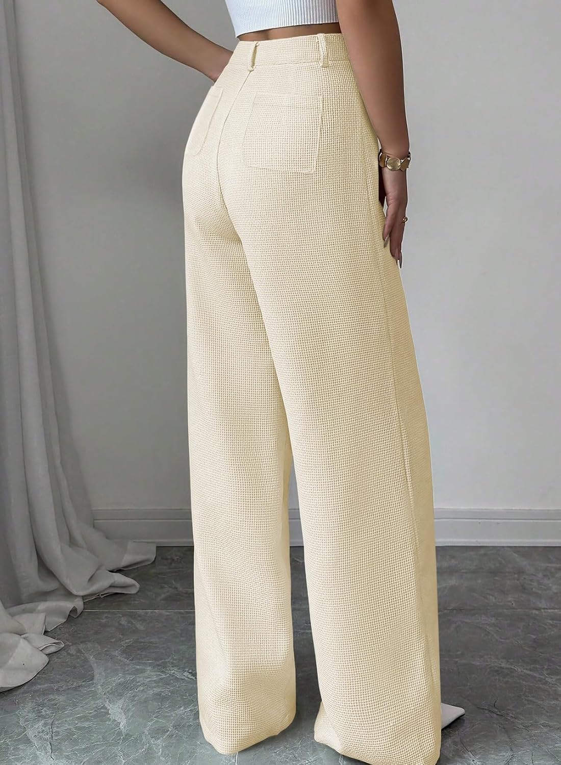 Pink Queen Wide Leg Dress Pants for Womens High Waist Pants for Work Button Decor Textured Long Trousers Slacks - Image 3