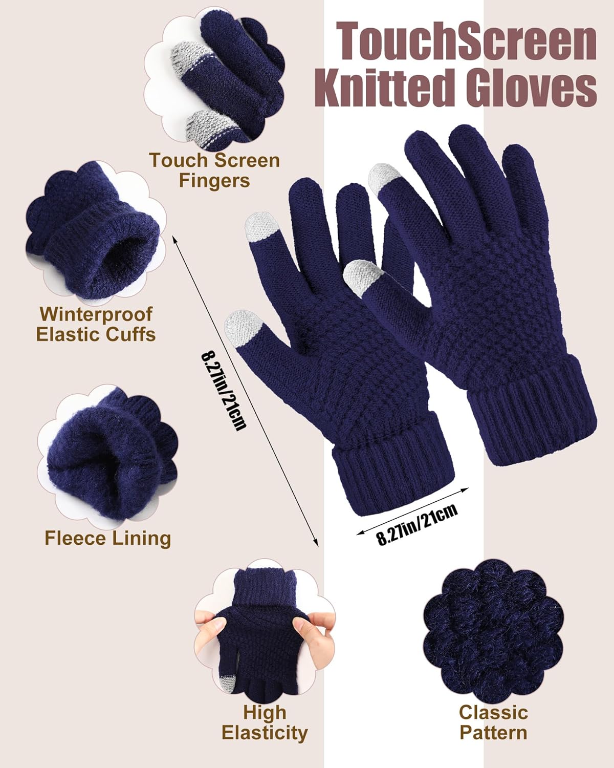 12 Pcs Women Beanie Hat Gloves Set Stain Lined Hats Fleece Hats Touchscreen Gloves Knit Mittens for Men Adult Cold Weather