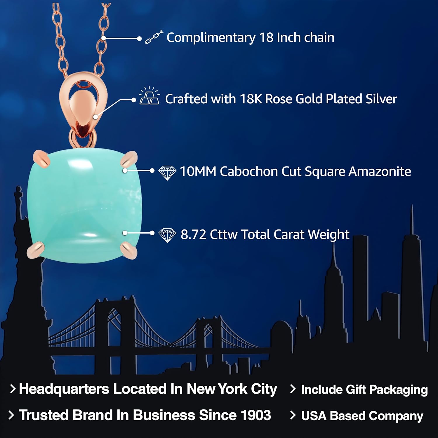 Gem Stone King 18K Rose Gold Plated Silver 10MM Cabochon Cut Square Amazonite Pendant Necklace For Women with 18 Inches Chain - Image 2