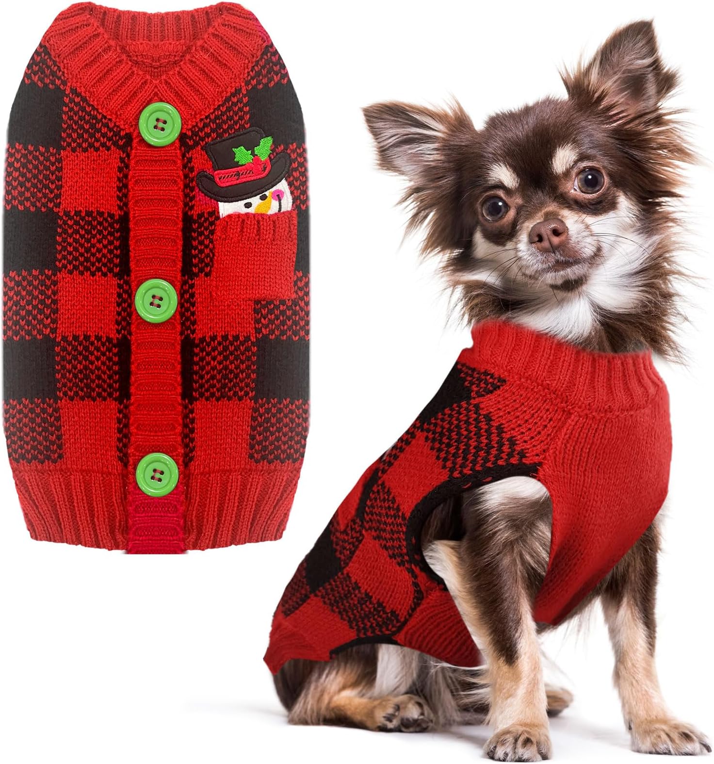 HRTTSY Dog Christmas Jumper Outfits V-Neck Red Plaid Snowman Puppy Dog Sweater Clothes for Small Medium Dogs Cats Warm Winter Knitwear Pet Pullover Vest, Medium (Decorative Buttons. Can't Untie)