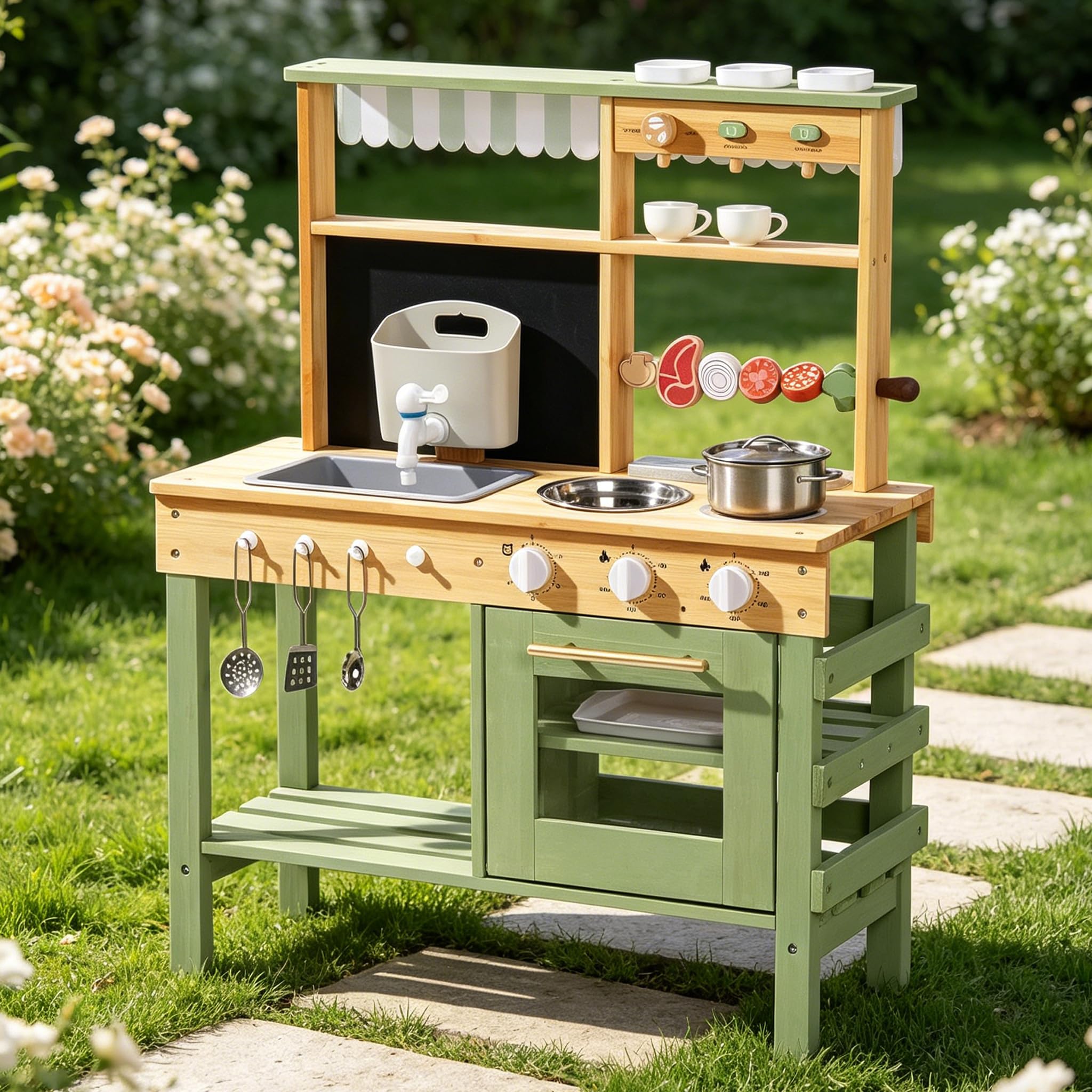 ROBOTIME Set da Cucina in Legno per Bambini, Cucina Esterna Deluxe con Rubinetto Funzionante, Lavagna, BBQ, Ampio Spazio di Stoccaggio, Lavandino da Giardino e Accessori da Cucina, Gioco di Ruolo per