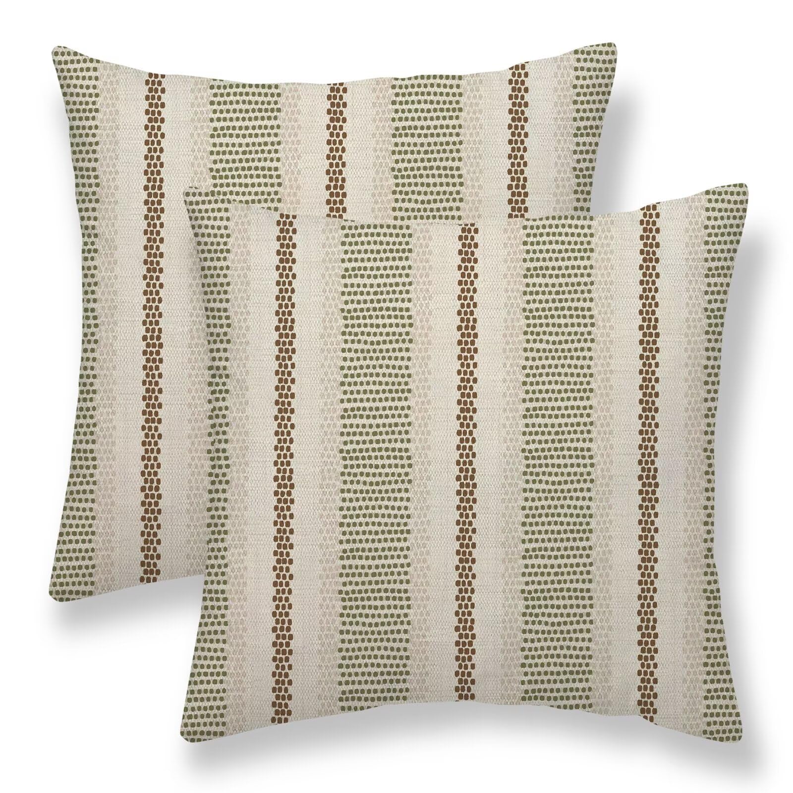 Sunshineyan Sage Green Brown Pillow Covers 18 x 18 Inch Set of 2 Boho Polka Dot Striped Decorative Outdoor Throw Pillow Covers Linen Farmhouse Modern