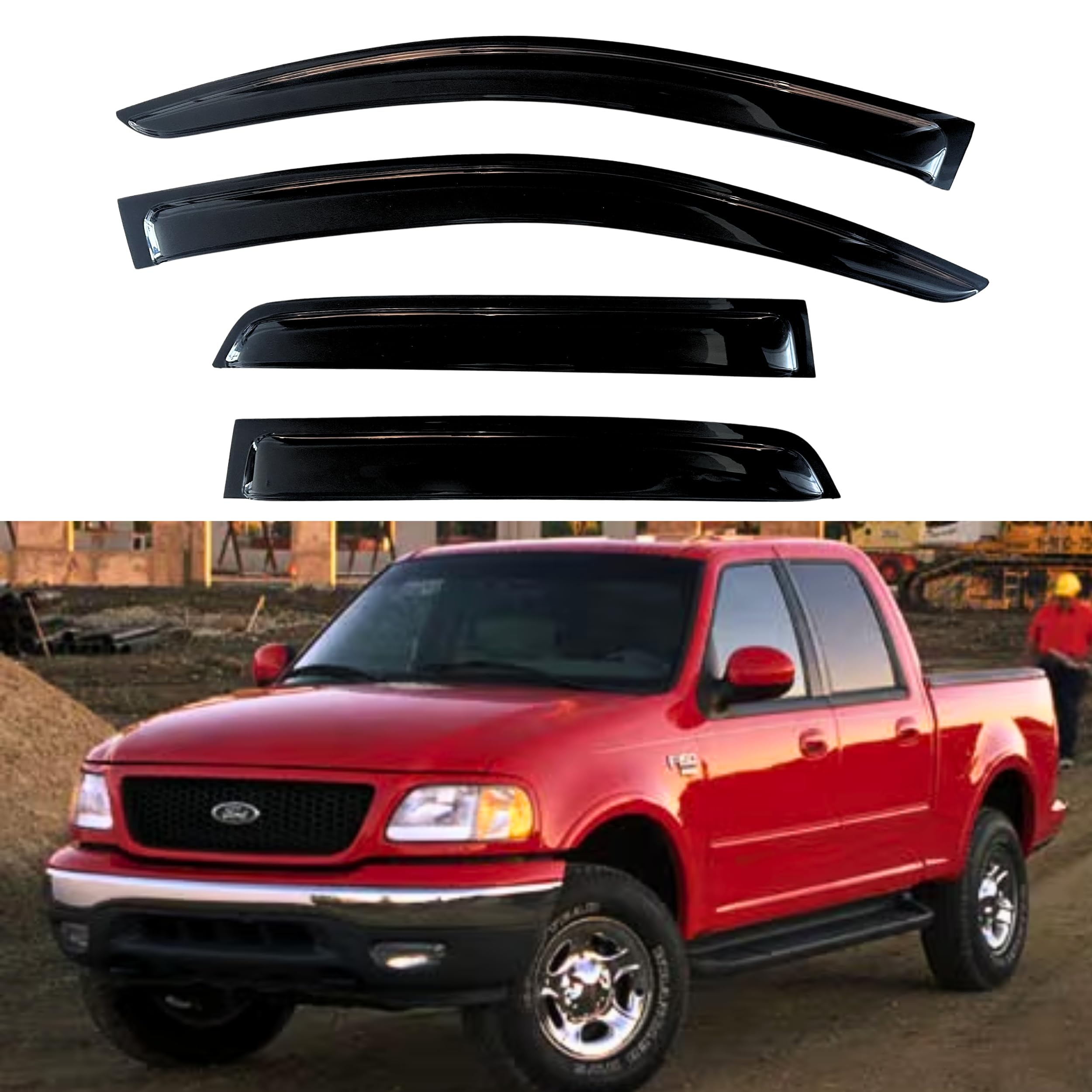 KPY Window Visor Compatible with Ford F150 SuperCrew 2001-2003 &amp; Lincoln Blackwood 2002-2003, 4PC Rain Guard Vent Deflector Tape-On, 2001 2002 2003 (SuperCrew Only)