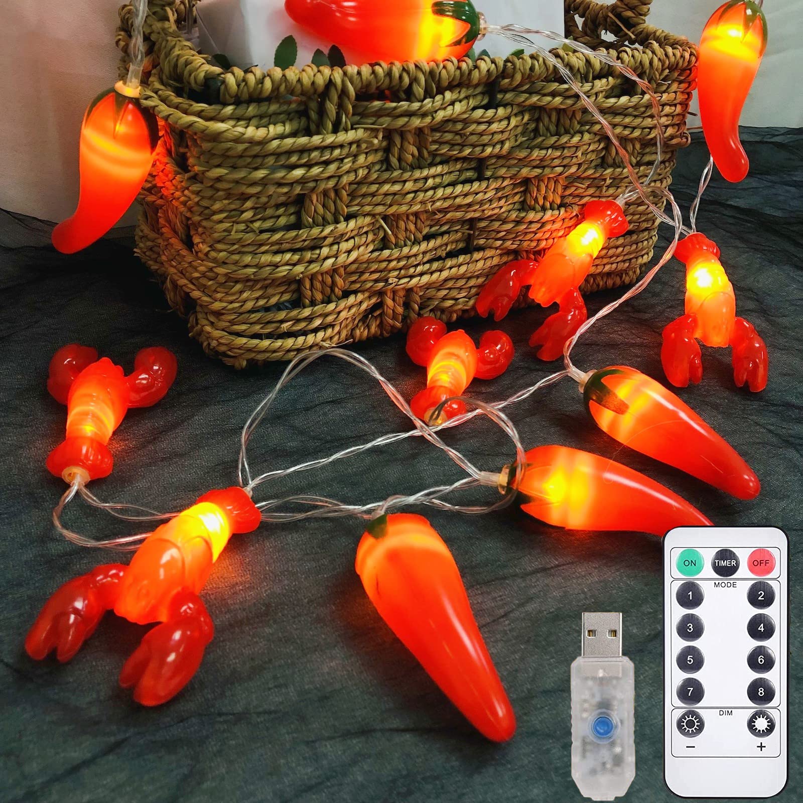 Riaxuebiy Chilli+Lobster Red Chili String Light 3M 20 Leds Pepper Lobster Fairy Lights Usb Powered With Remote For Bedroom, Wedding, Party, Christmas, Festival, Tree Decoration (Usb+Remote-8 Modes, )