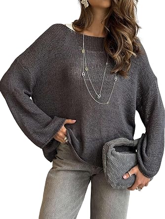 Womens Summer Scoop Neck Short Sleeve Sweater Casual Knit Tops Pullover Shirts Grey L