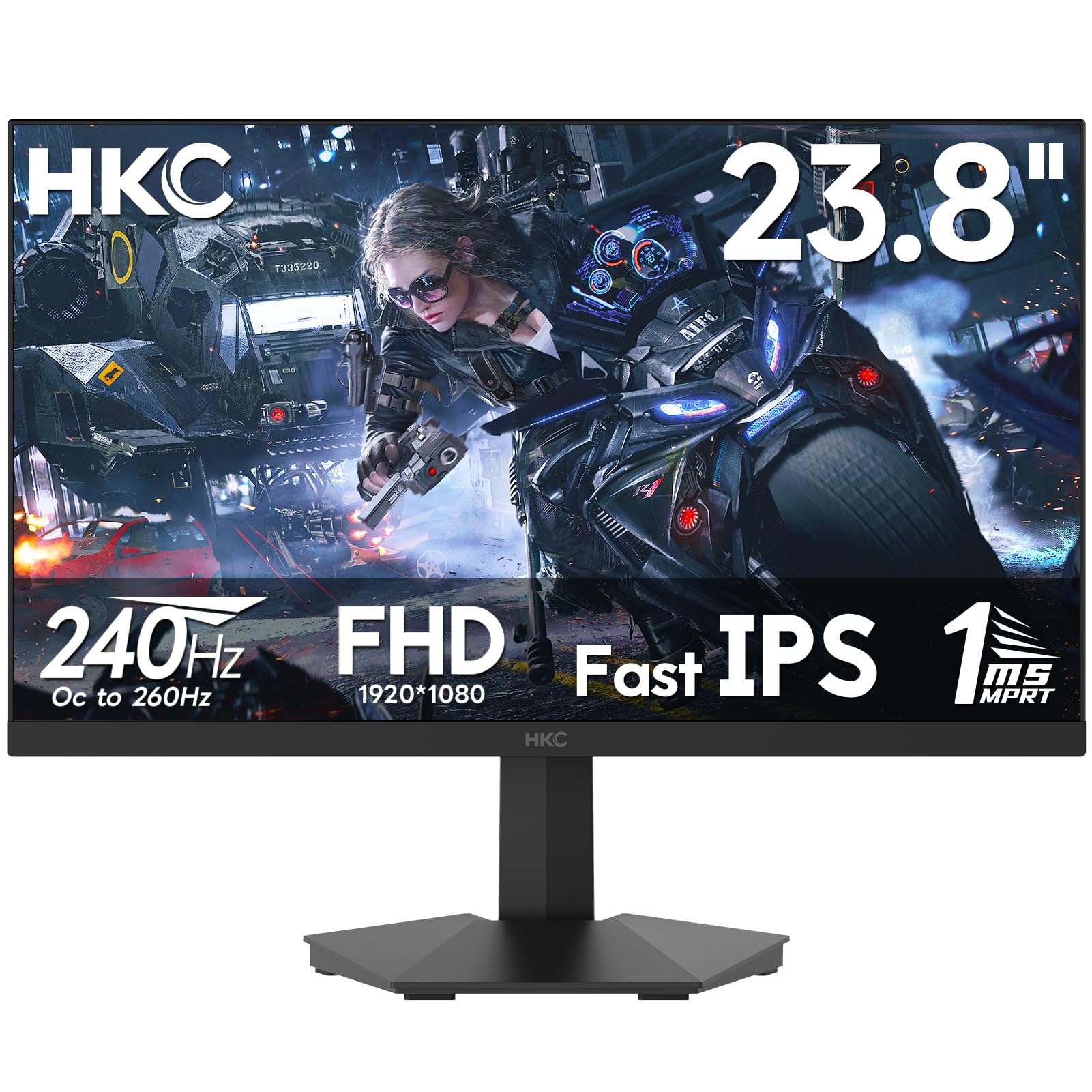 HKC 24-calowy monitor gier, Full HD (1920 × 1080), 240 Hz Fast IPS, 1ms, HDR400, 90% DCI-P3, do 260 Hz z możliwością podkręcenia, VESA 100 × 100, filtr niebieskiego światła, HDMI 2.0 i DisplayPort 1.4