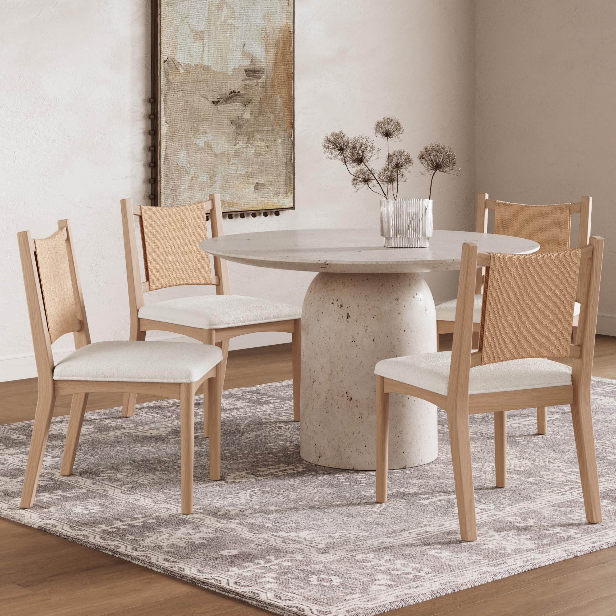 Nathan James Elodia Boucle Upholstered Dining Chair, Seagrass Back and Padded Seat, Raw Oak Set of 4