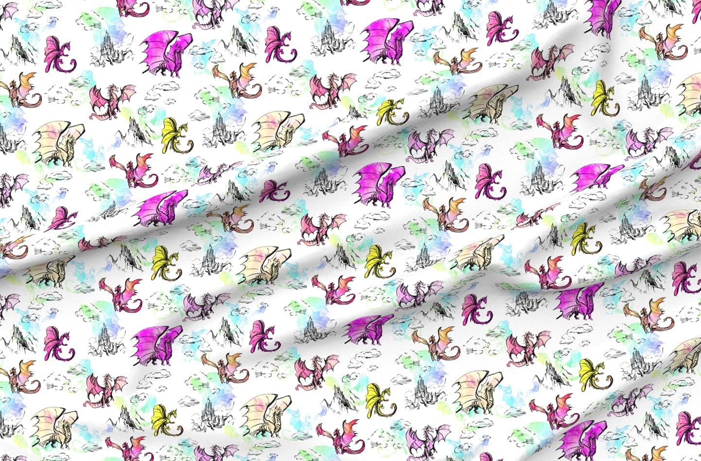 Spoonflower Fabric - Dragon Rainbow Dragons Multi Book Illustration Printed on Organic Cotton Sateen Fabric by The Yard - Sewing Quilting Apparel Home Decor