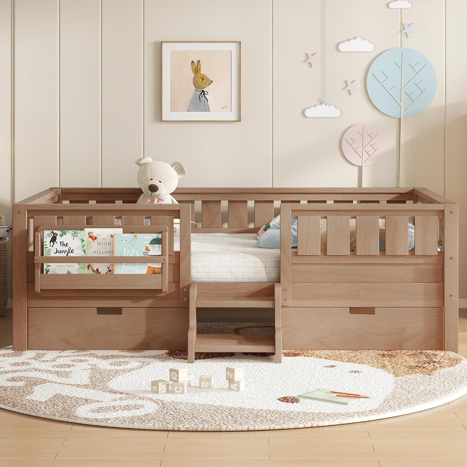 Bellemave Twin Floor Bed with Stairs, Rails and Slats, Twin Size Montessori Floor Bed with Bookshelf and 2 Storage Drawers, Easy Assemble Montessori Beds Frame for Girls, Boys, Natural