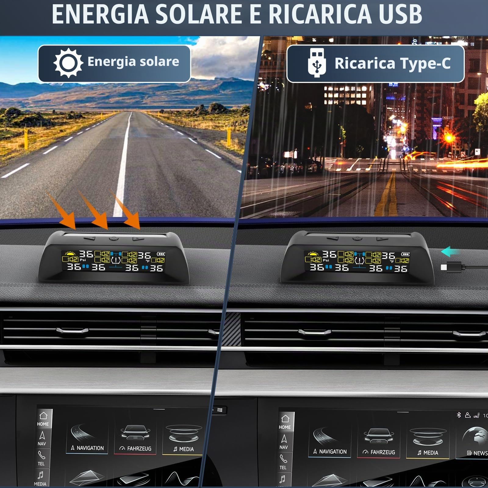 TPMS Sistema di Monitoraggio,della Pressione degli Pneumatici per Autocarri, Camper, Pullman,6 Sensori Ruote, 5 modalità Allarme, Ricarica Solare/USB(Ultima Versione)