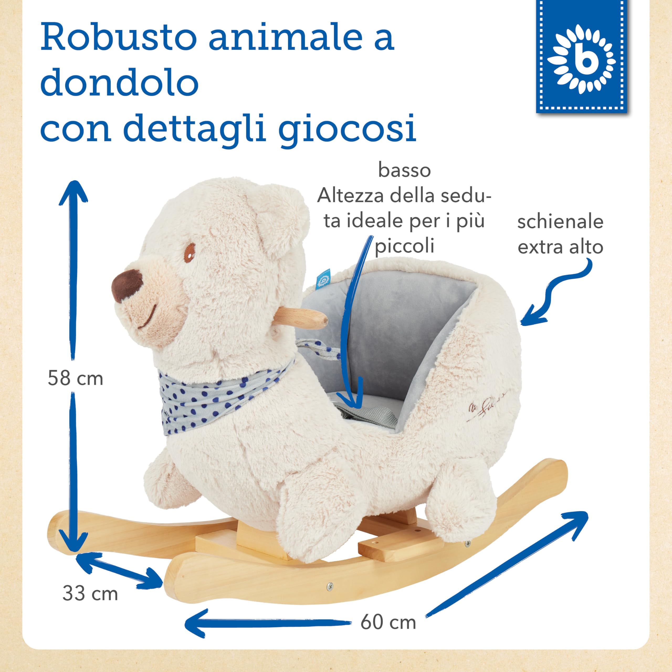 Bieco 74002111 - Dondolo Peluche Crema Orso Giocattolo, Sedia a Dondolo per Bambini con Struttura in Legno, Seduta e Schienale, Giocattoli a Dondolo, Schaukelbär per Neonati e Bambini da 9m +