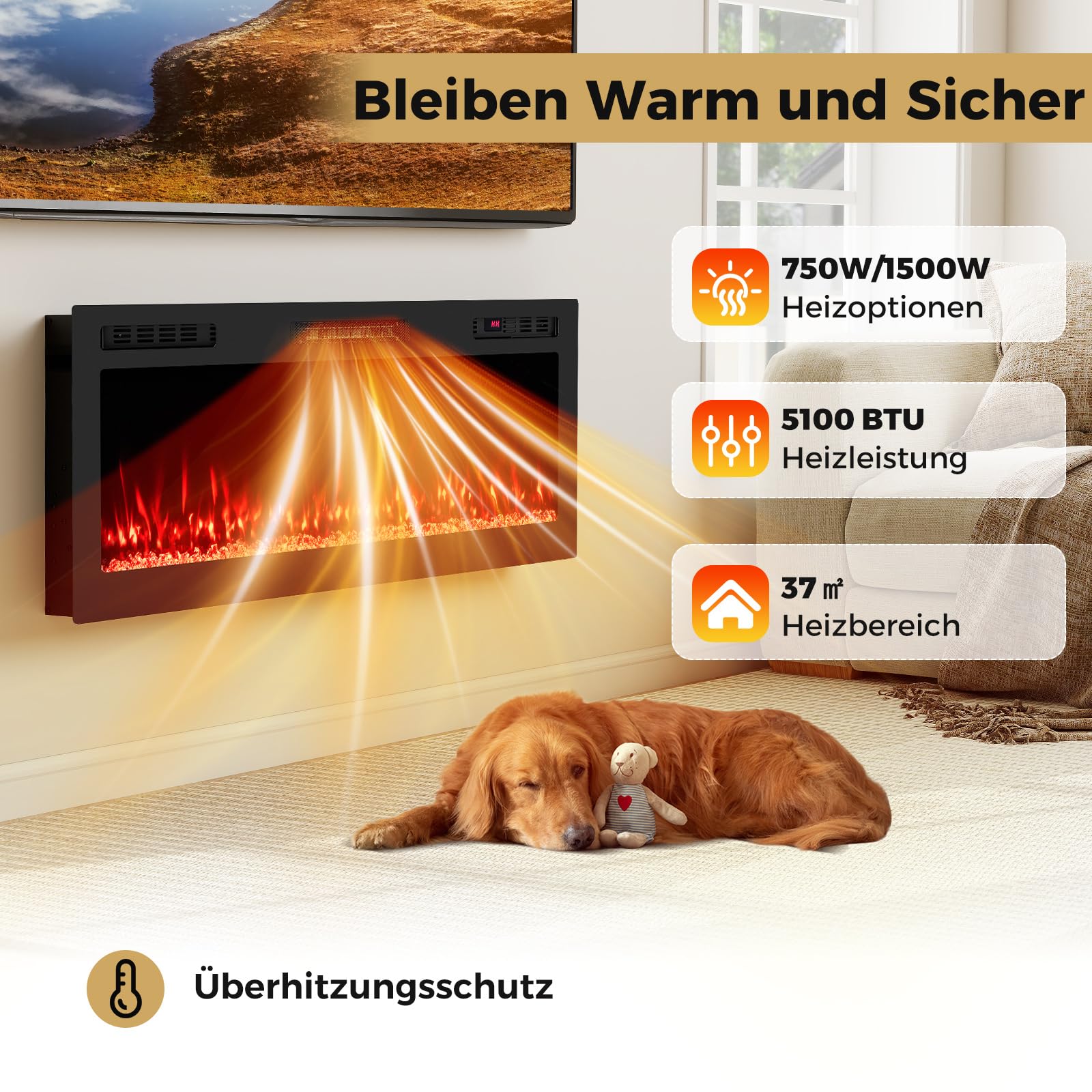 COSTWAY Kominek elektryczny z ogrzewaniem 50" 750 W/1500 W, kominek do zabudowy z pilotem zdalnego sterowania/sterowaniem za pomocą aplikacji, WiFi, 12 kolorów płomienia i żaru, timer 12 h, kominek
