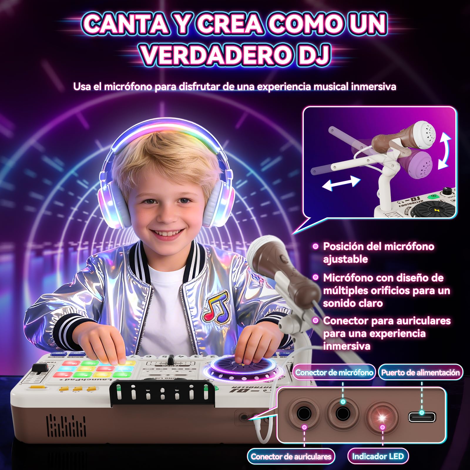 Mesa de mezclas DJ para niños, controlador DJ, mesa DJ, DJ mixer con función de grabación, 100+ efectos de sonido, plato DJ realista y pads de batería, regalo para niños y niñas 3-11 años, Blanco