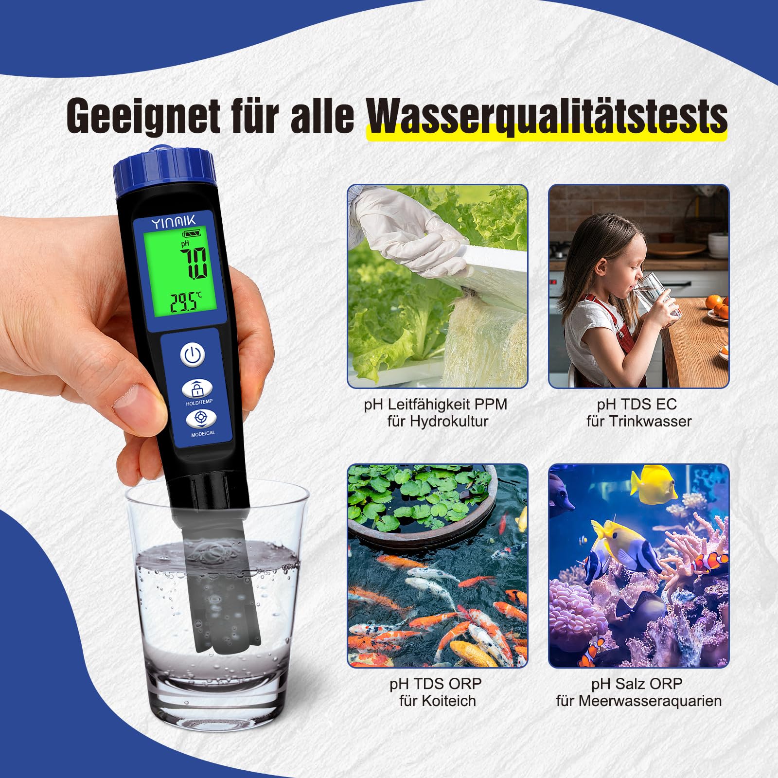 Pool pH Salz Messgerät 6-in-1 Tester für Salzwasserpools, Hydroponik, Trinkwasser