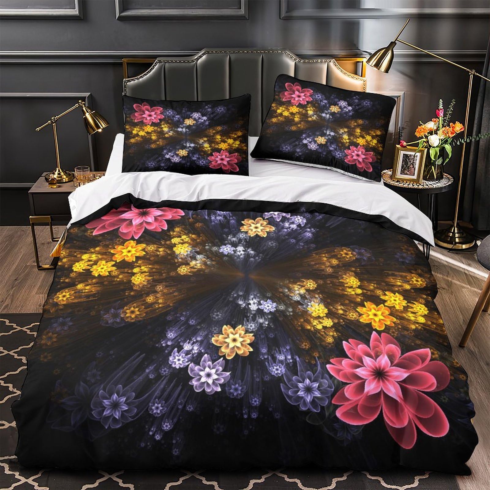 Parure de lit fleur de lys 260x220 housse couette microfibre avec taies