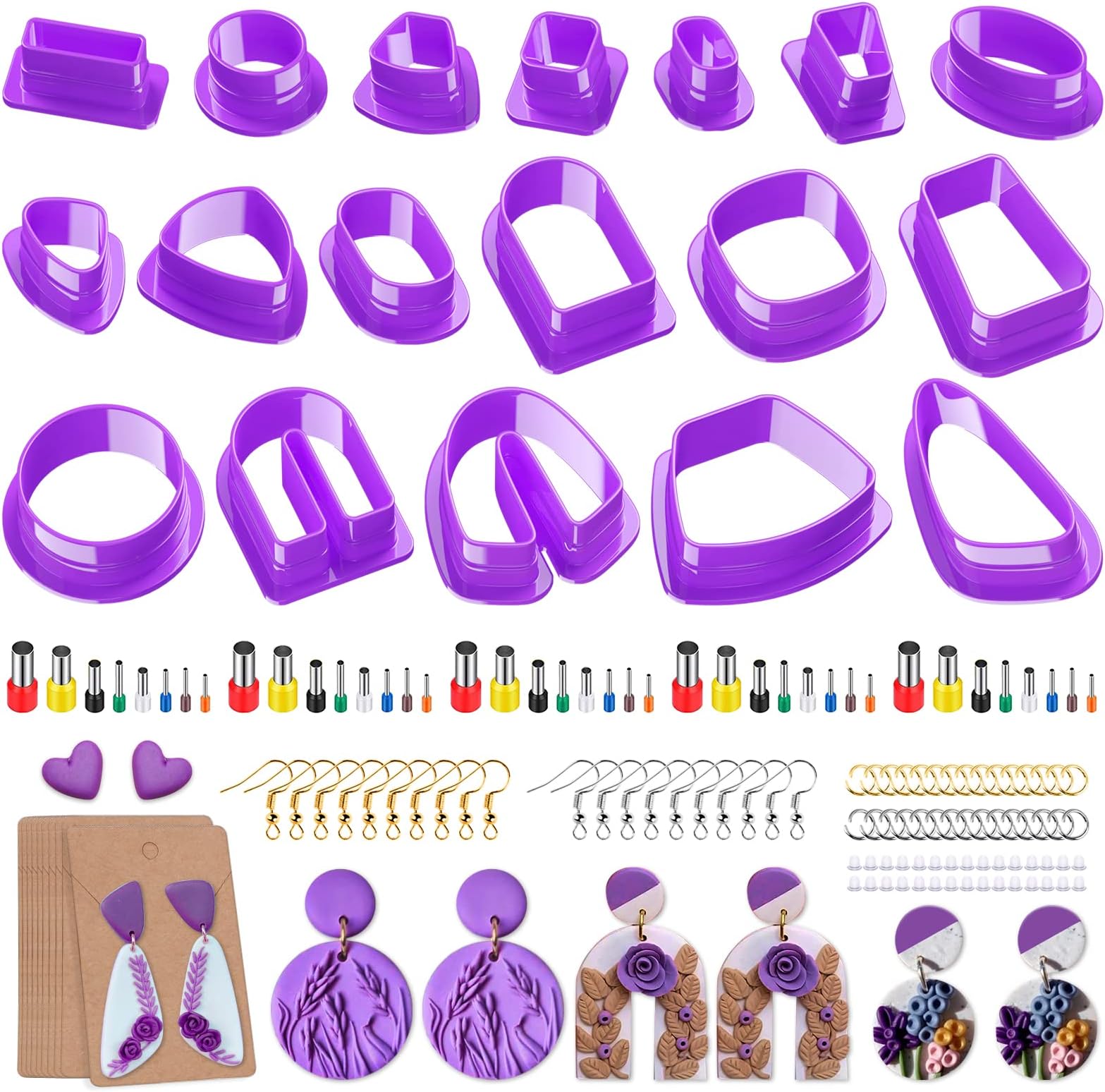 Polymer Clay Cutters,Roreyou 18 clay cutters for earrings, 40 circle clay cutter for polymer clay jewelry,238 polymer clay earrings kit with Earring Hooks,Earring Cards and protable storage (Purple)