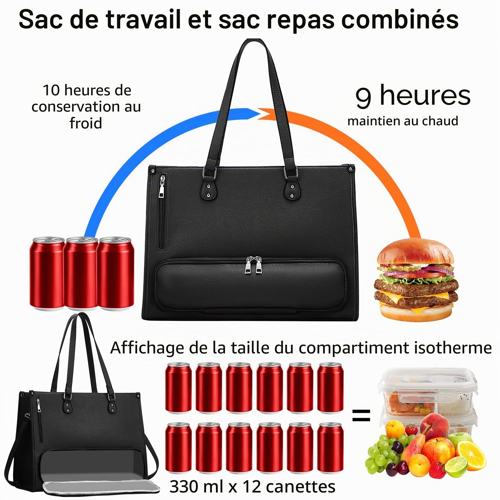 Sac Ordinateur Femme, Sac a Main Ordinateur 15,6 Pouces, Sacs Travail Femme, Sac a Main pour Les Cours Lycee, Lunch Bag Cuir PU avec Compartiment à Déjeuner Isotherme et Etanche pour Université Voyage