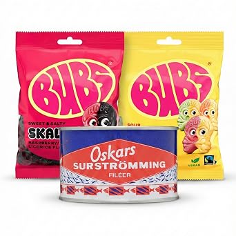 Swedish Challenge Bundle: Oskars Surstromming Fillet Fermented Herring (300g) & BUBS Skalle Candy Sweets (Sour Lemon, Raspberry Salty Licorice)