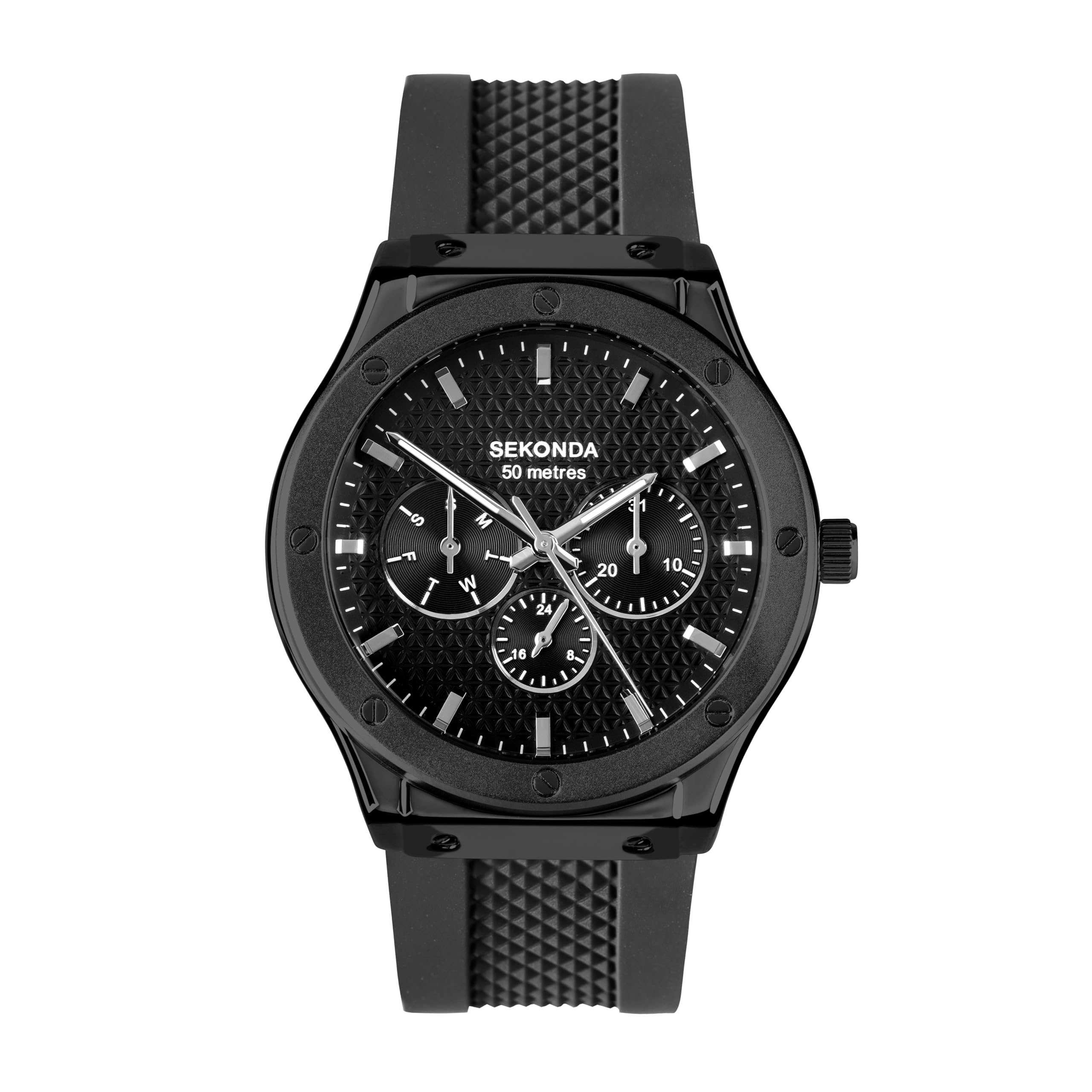 SekondaTitan Men's 42mm Quartz Watch in Black with Analogue Day/Date Display, and Black Silicone Strap