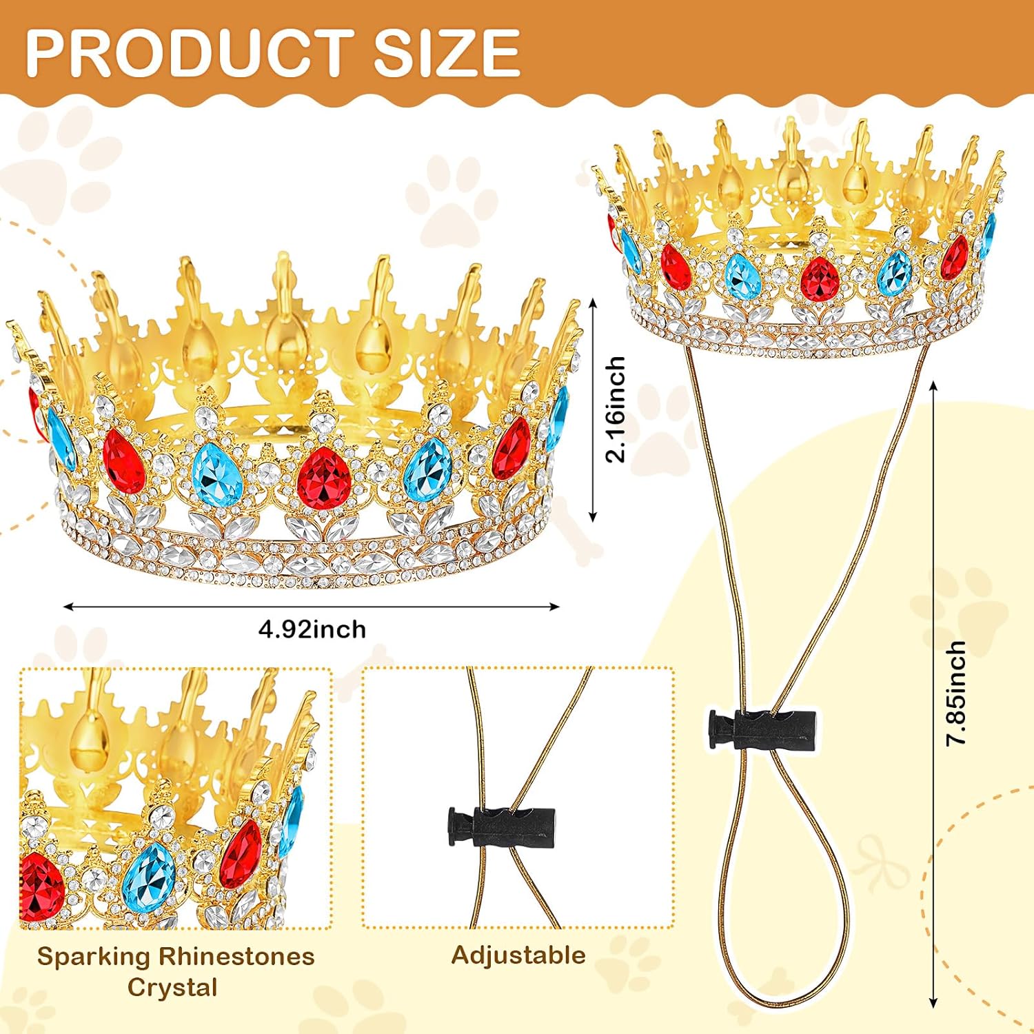 Abbylike Pet Princess Crown for Dog Cat Pink Halloween Costume with Adjustable Strap Gold Glitter Rhinestone King Crown Hat for Pet Birthday Party Adoption Celebration Photos Prop Cosplay Accessory(L)