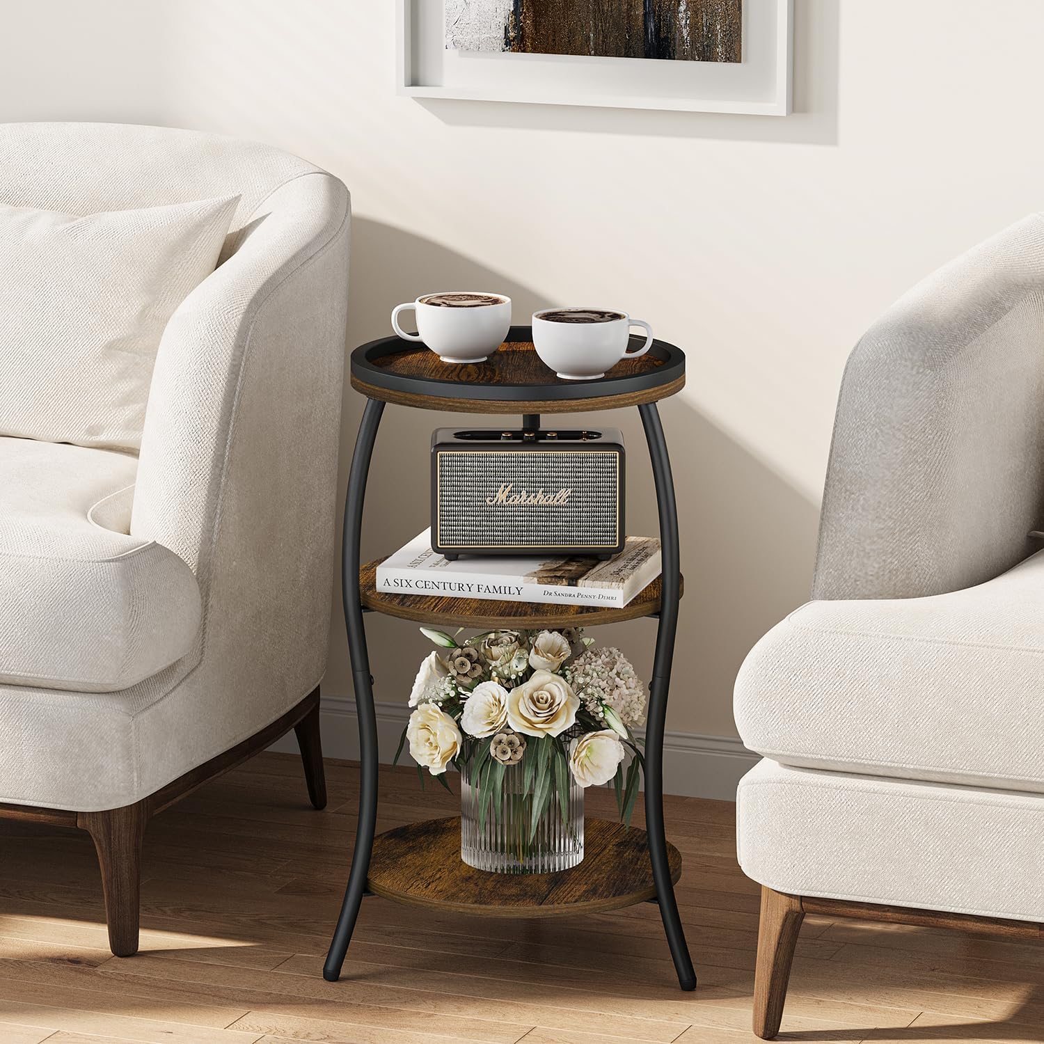 YINMIT Small Round Side Table, 3 Tier Slim Waist End Table with Anti-Tip Edge Guard, Compact Nightstand for Bedroom, Round Corner Accent Table for Small Spaces Living Room Sofa Couch