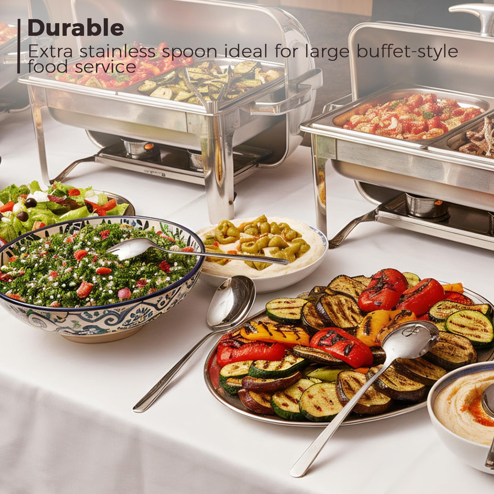 Extra große Servierlöffel, 12 Stück, 29 cm, lebensmittelecht, 18/8 Edelstahl, Servierlöffel für Buffet, Besteck-Set, Servierutensilien für Catering, spülmaschinenfest, hochglanzpoliert