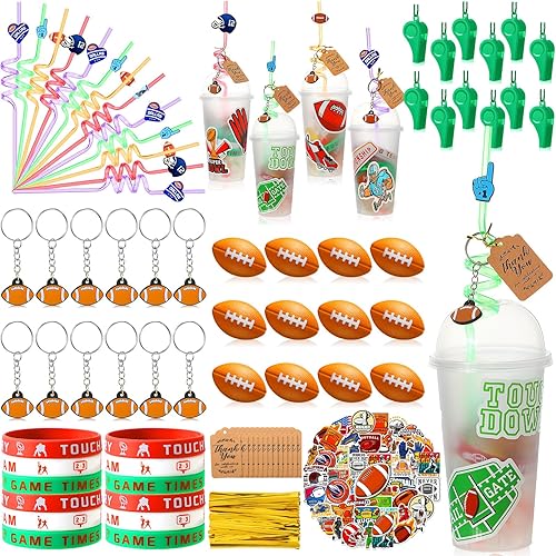 Vista 11 de Weysat 184 piezas de artículos para fiestas deportivas, rellenos para bolsas de regalos, taza, pajita, pelota antiestrés, llavero, calcomanía