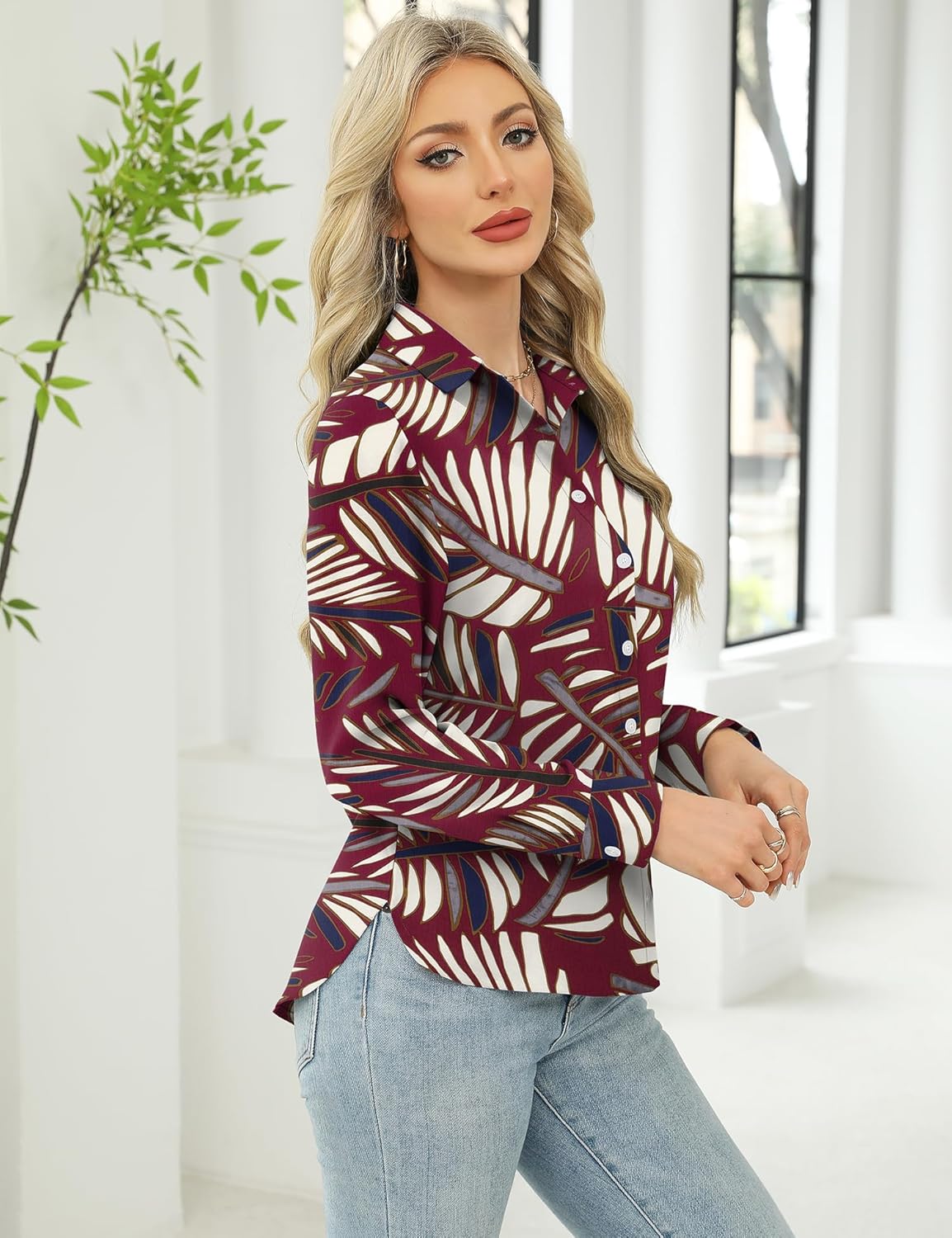 LOMON Womens Long Sleeve Button Down Shirts Casual Loose Fit Cotton Collared Blouses - Image 4