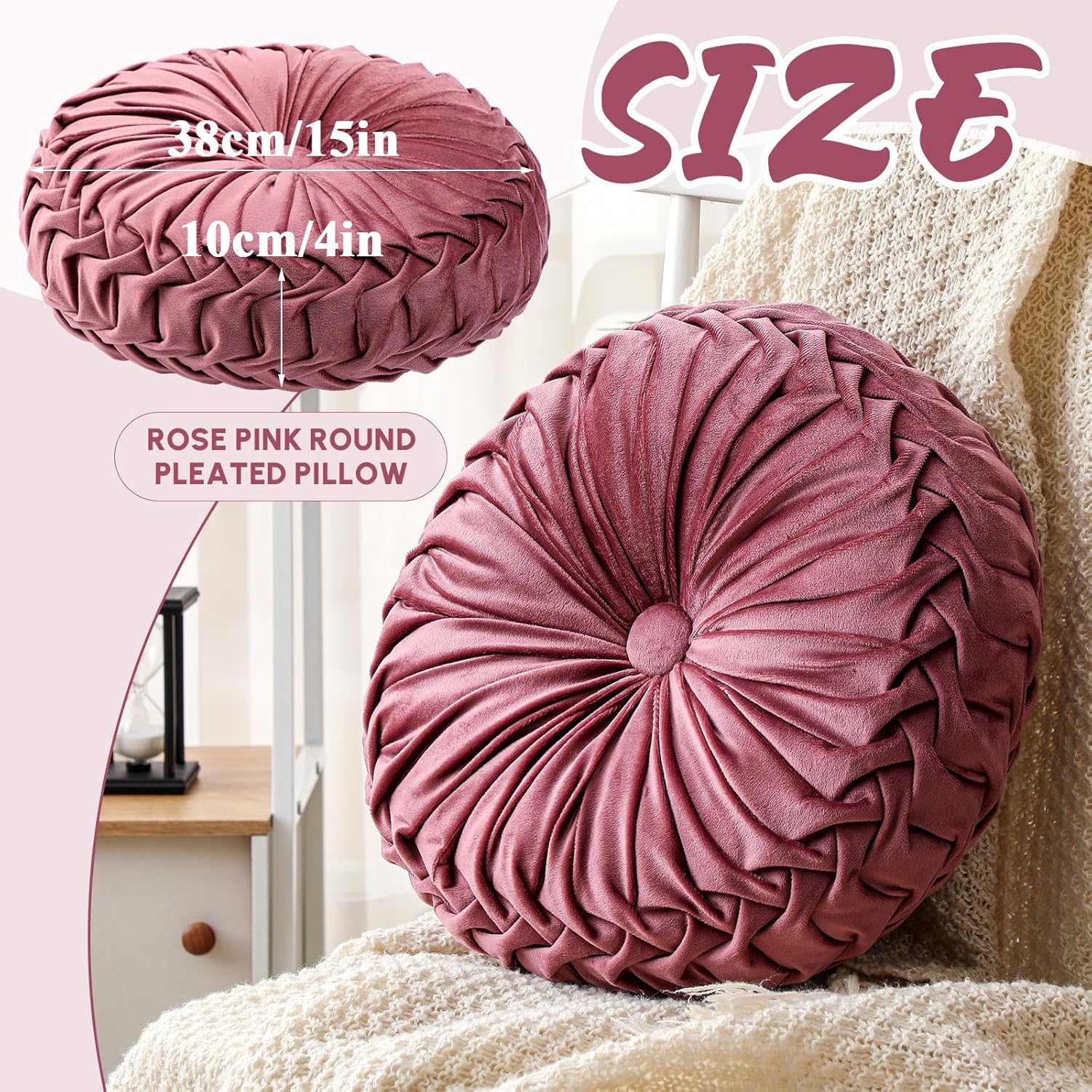 Drydiet 2 Pcs Round Throw Velvet Pillows Decorative Pleated Throw Pillows 15'' Diameter Accent Pumpkin Boho Chair Cushion for Couch Sofa Home Decoration (Dusty Rose)