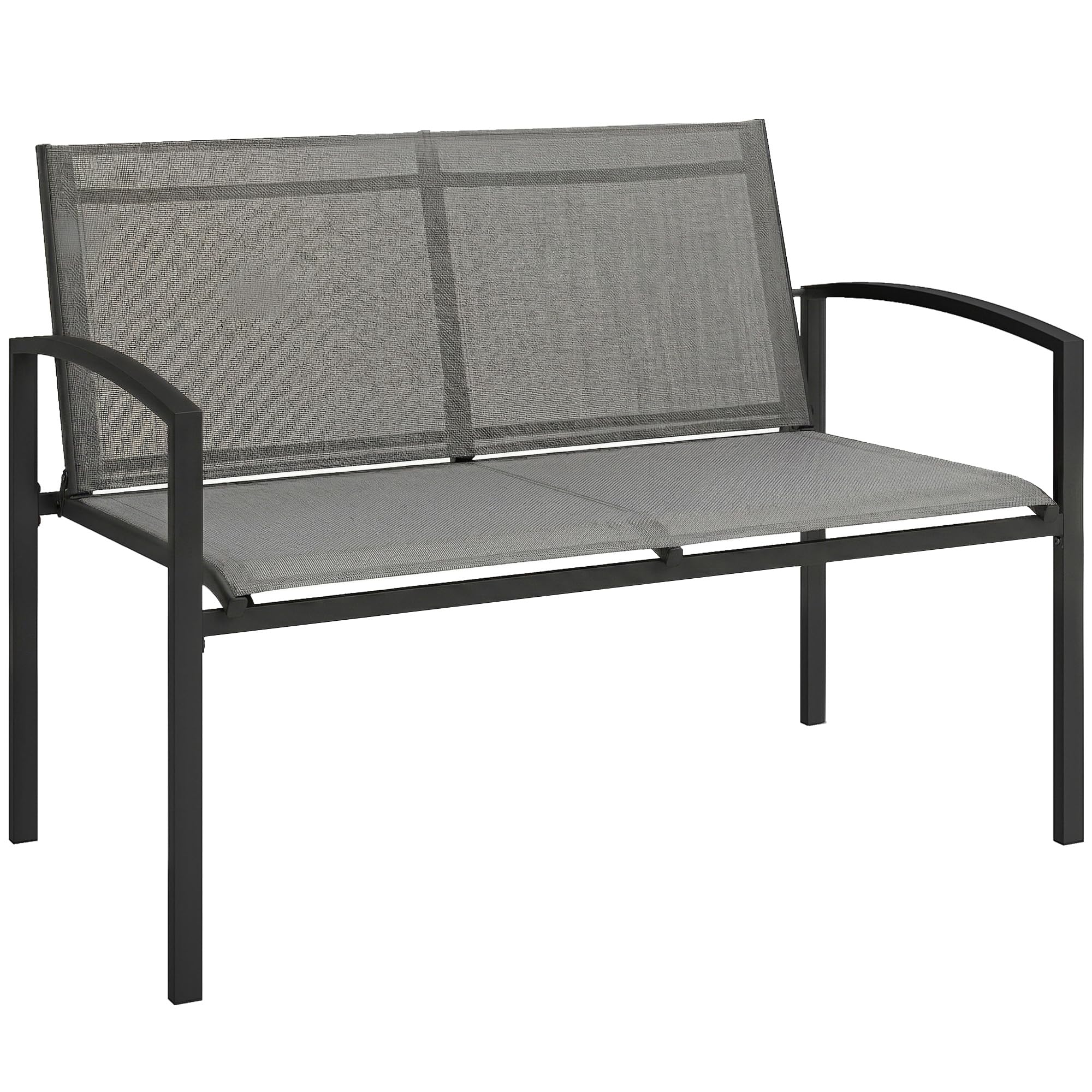 Outsunny Gartenbank 2-Sitzer wetterfest Metall Outdoor Sitzbank mit atmungsaktivem Sitz gebogen Armlehnen, Ergonomisch Balkonbank bis 220kg Parkbank Gartenmöbel für Garten Park 112 x 66 x 80 cm Grau