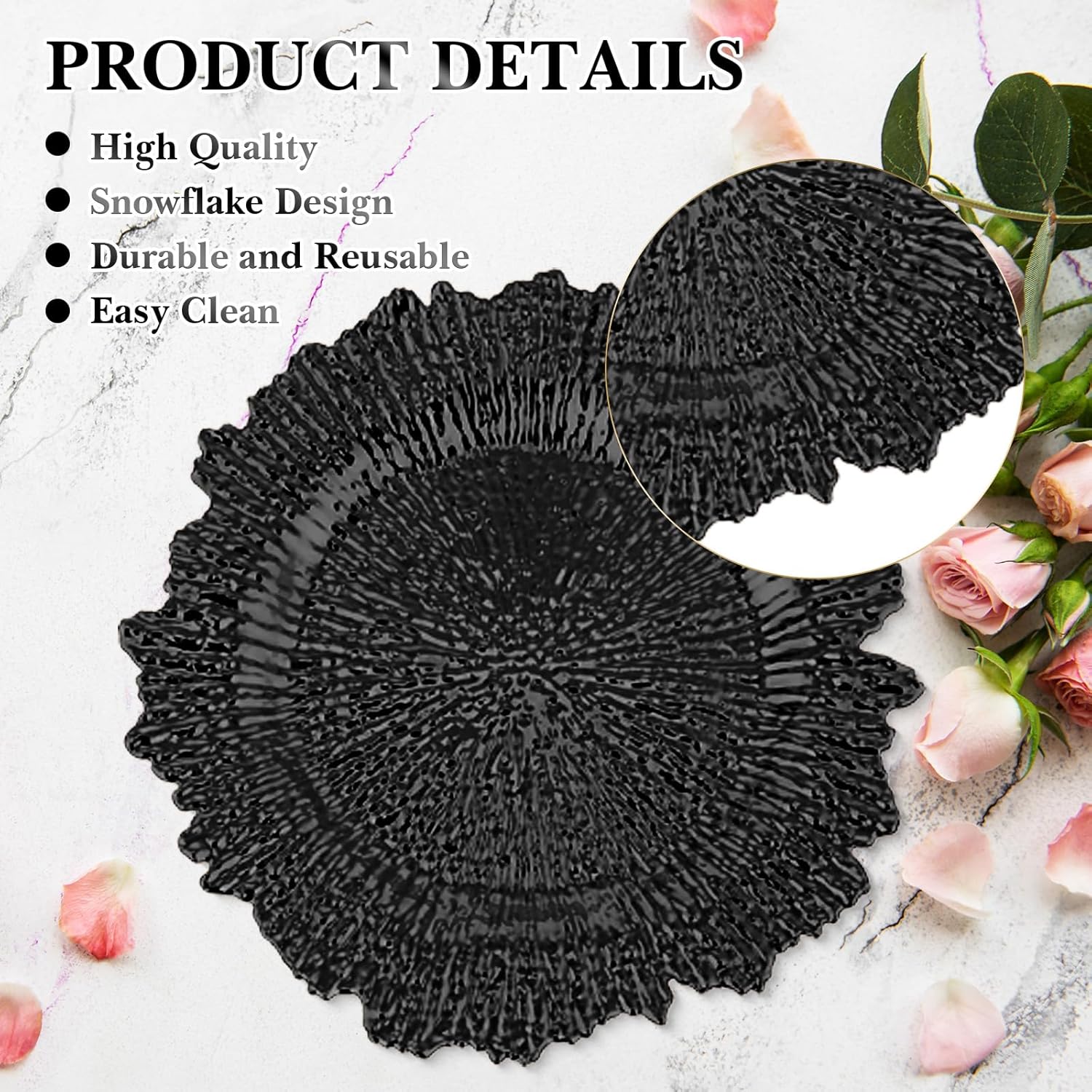 32 Pack Charger Plates Set Reef Chargers for Dinner Table Serving Tray Floral Plastic Decorative Plates for Table Setting Wedding Party, 13 Inch(Black)