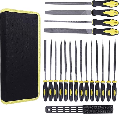 Juego de 19 limas de acero al carbono con funda de transporte, mango de goma suave, 4 herramientas planas/semicirculares/redondas/triangulares,